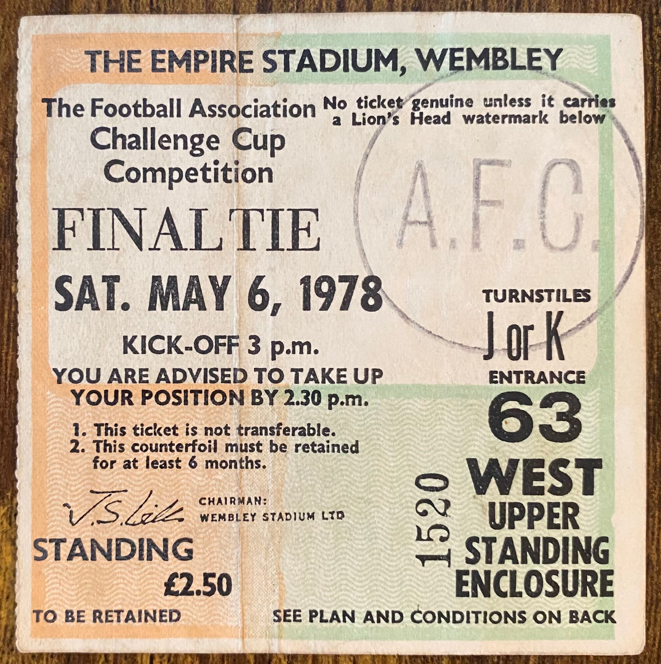 1978 ORIGINAL FA CUP FINAL TICKET IPSWICH TOWN V ARSENAL