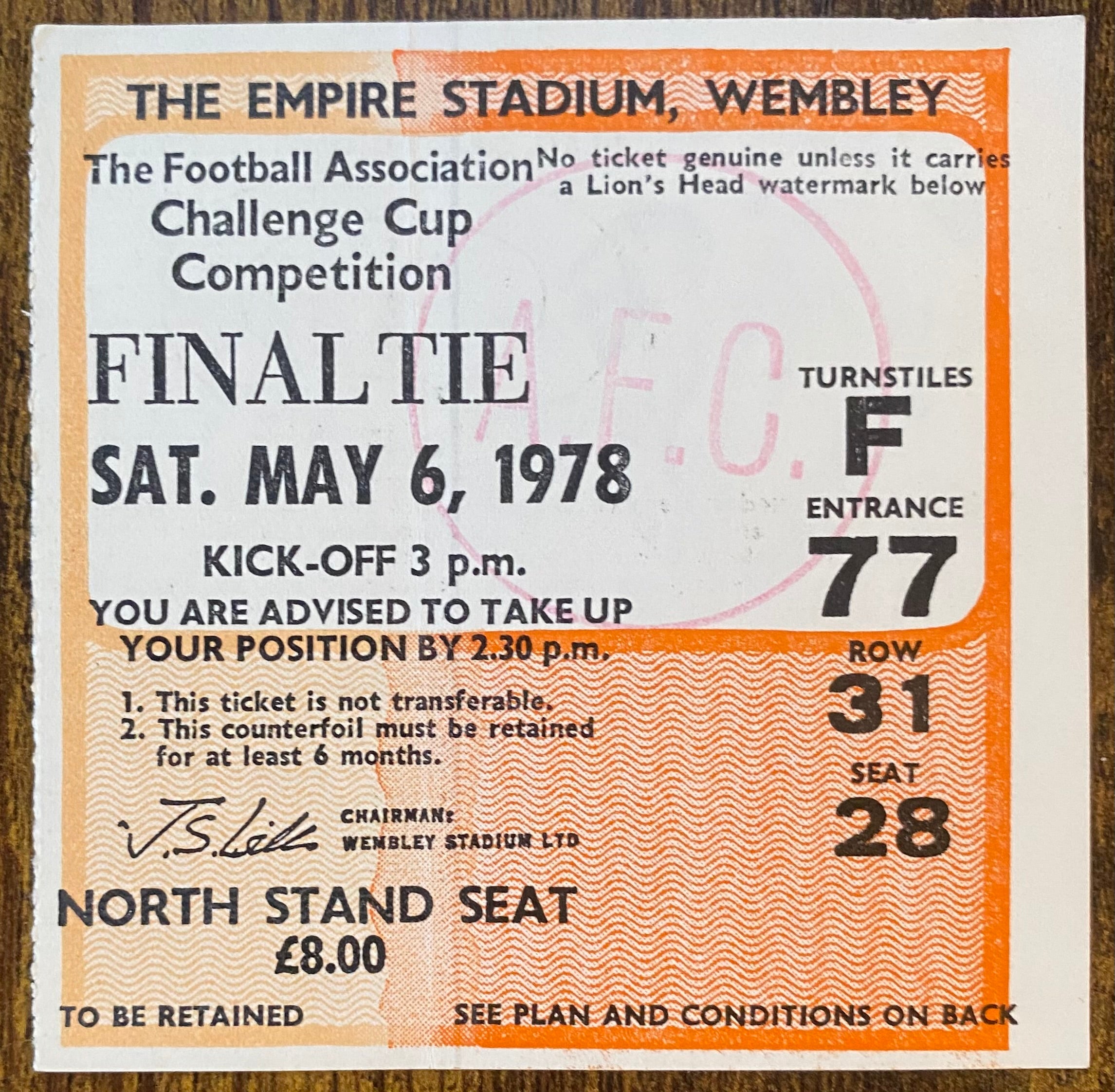 1978 ORIGINAL FA CUP FINAL TICKET IPSWICH TOWN V ARSENAL