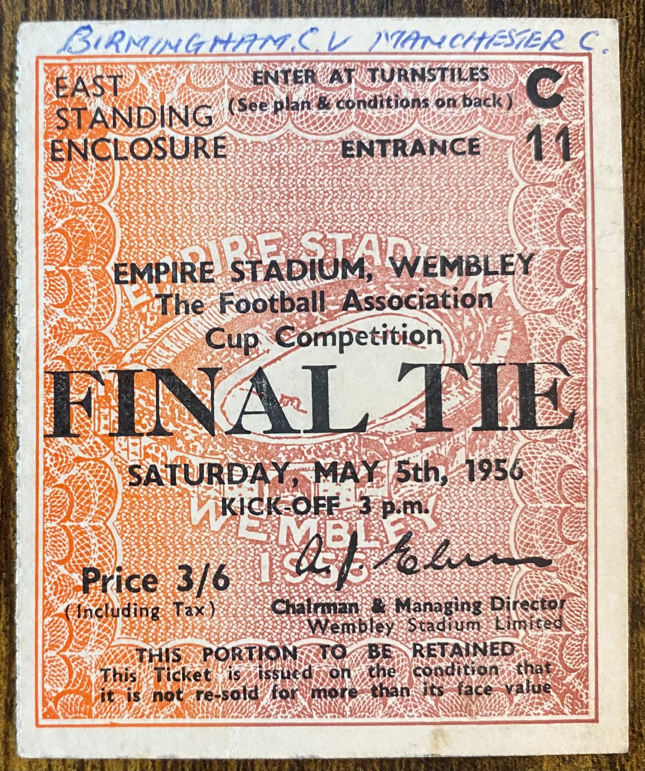 1956 ORIGINAL FA CUP FINAL TICKET BIRMINGHAM CITY V MANCHESTER CITY