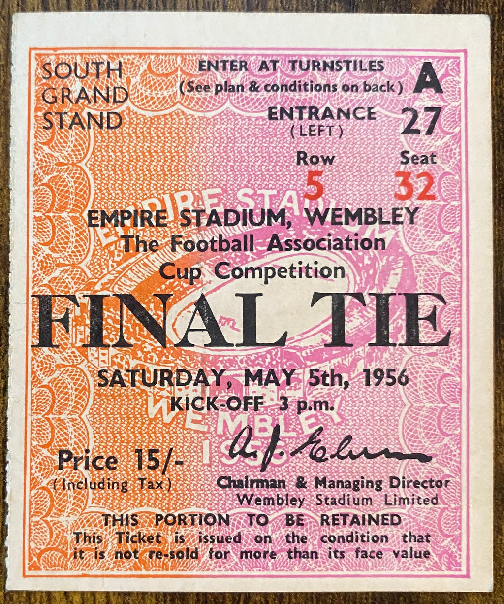 1956 ORIGINAL FA CUP FINAL TICKET BIRMINGHAM CITY V MANCHESTER CITY