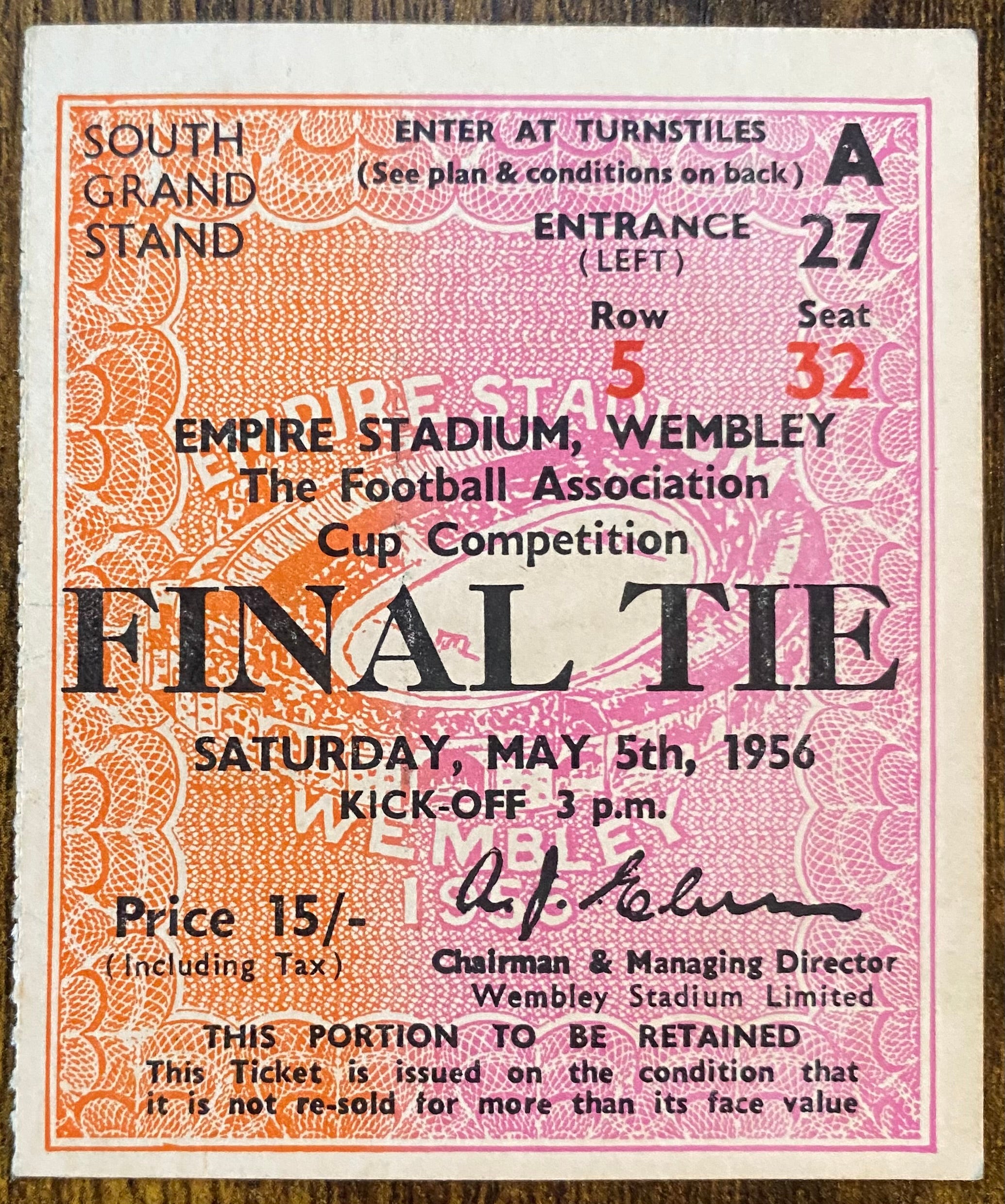 1956 ORIGINAL FA CUP FINAL TICKET BIRMINGHAM CITY V MANCHESTER CITY