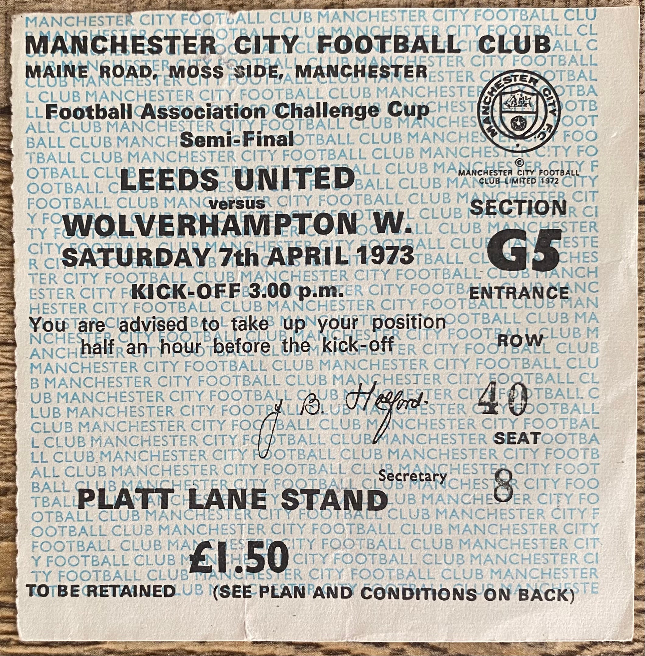 1973 ORIGINAL FA CUP SEMI FINAL TICKET LEEDS UNITED V WOLVERHAMPTON WANDERERS @ MAINE ROAD