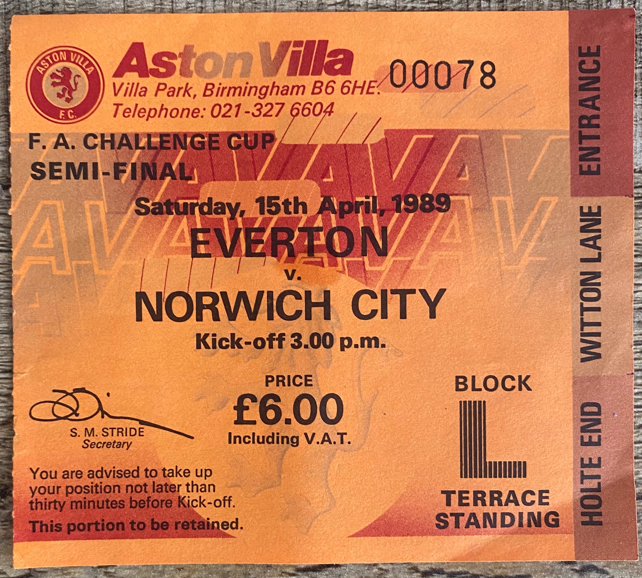 1989 ORIGINAL FA CUP SEMI FINAL TICKET EVERTON V NORWICH CITY @ VILLA PARK