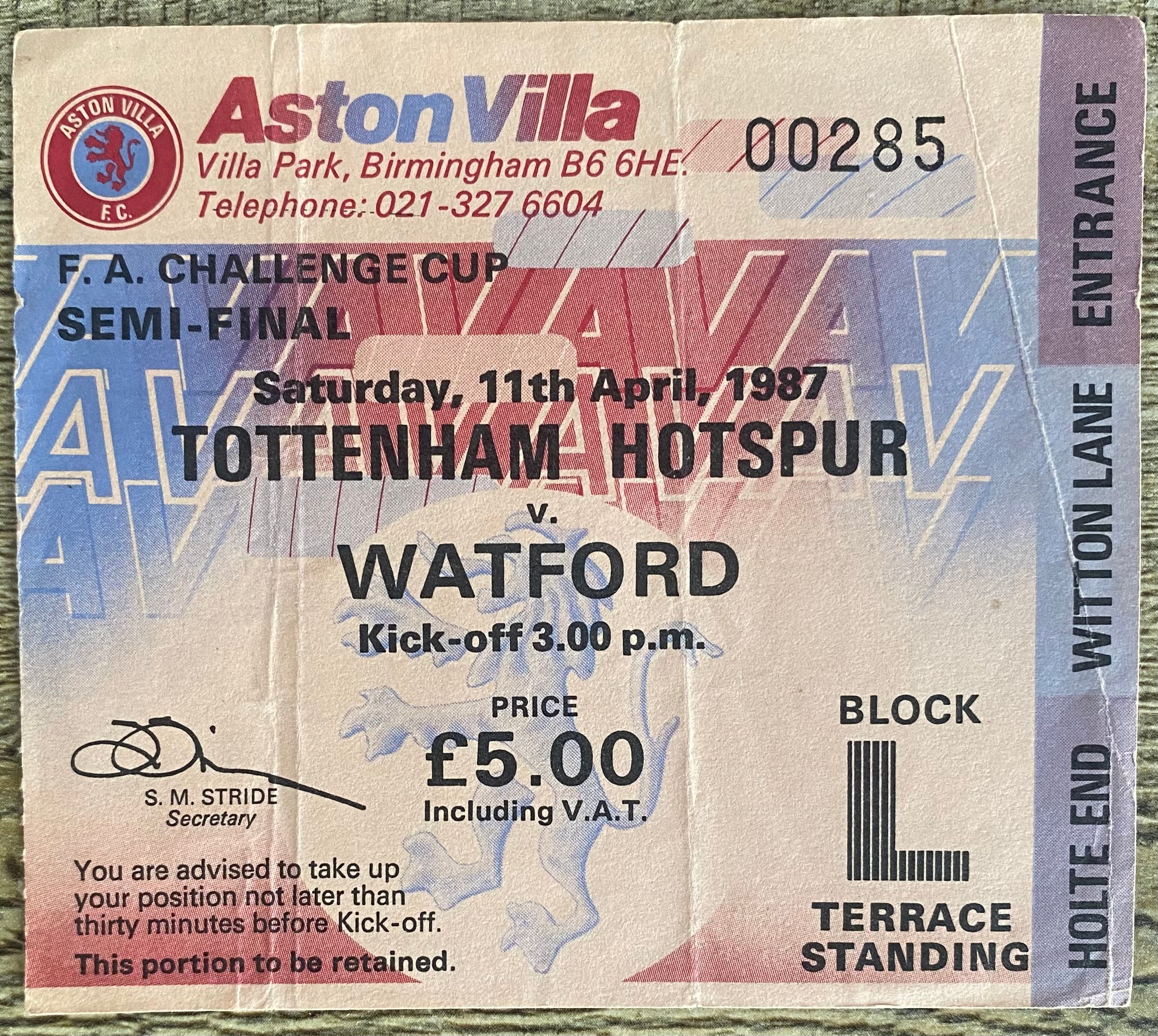 1987 ORIGINAL FA CUP SEMI FINAL TICKET WATFORD V TOTTENHAM HOTSPUR @ VILLA PARK