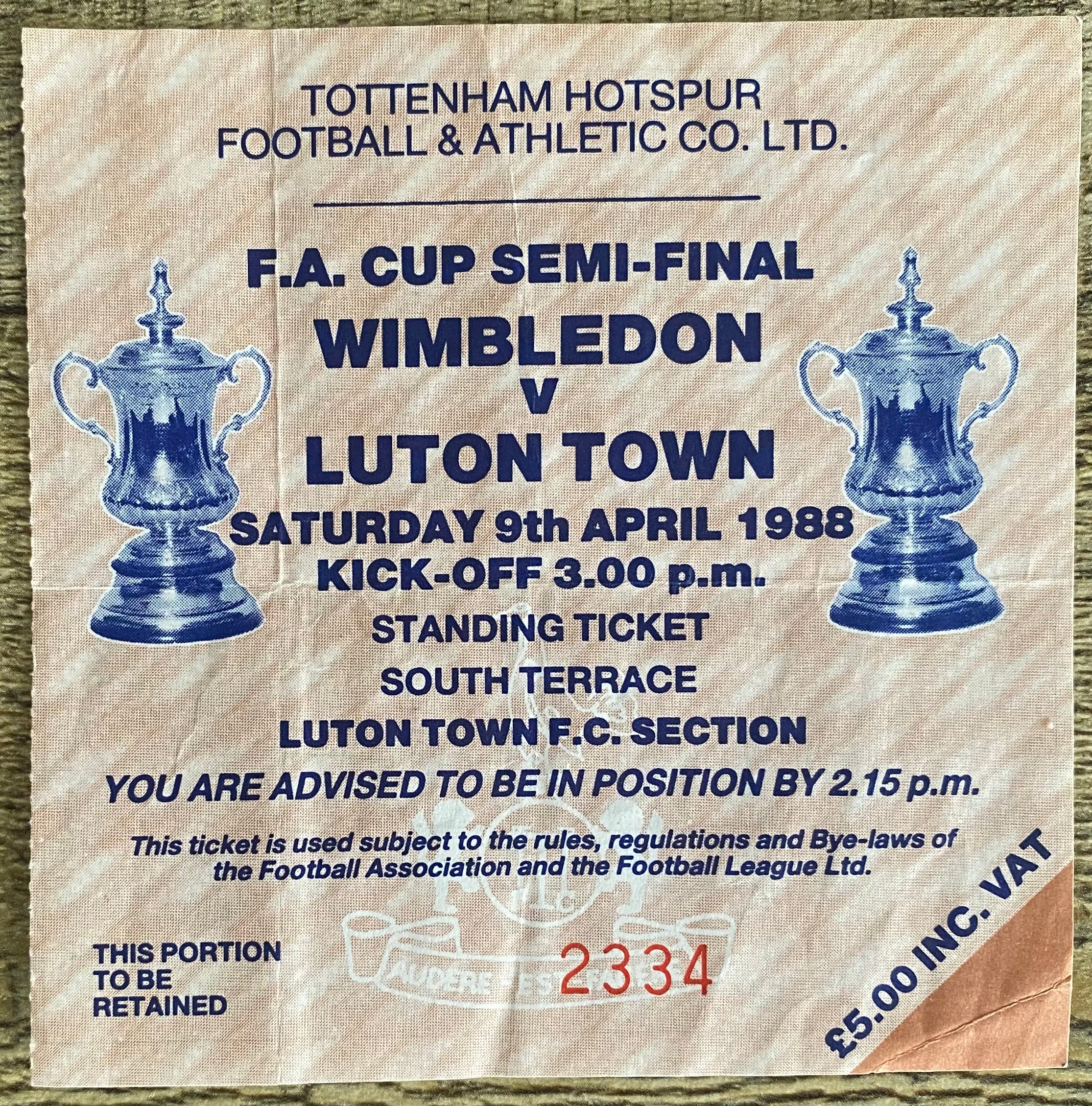 1988 ORIGINAL FA CUP SEMI FINAL TICKET WIMBLEDON V LUTON TOWN @ WHITE HART LANE