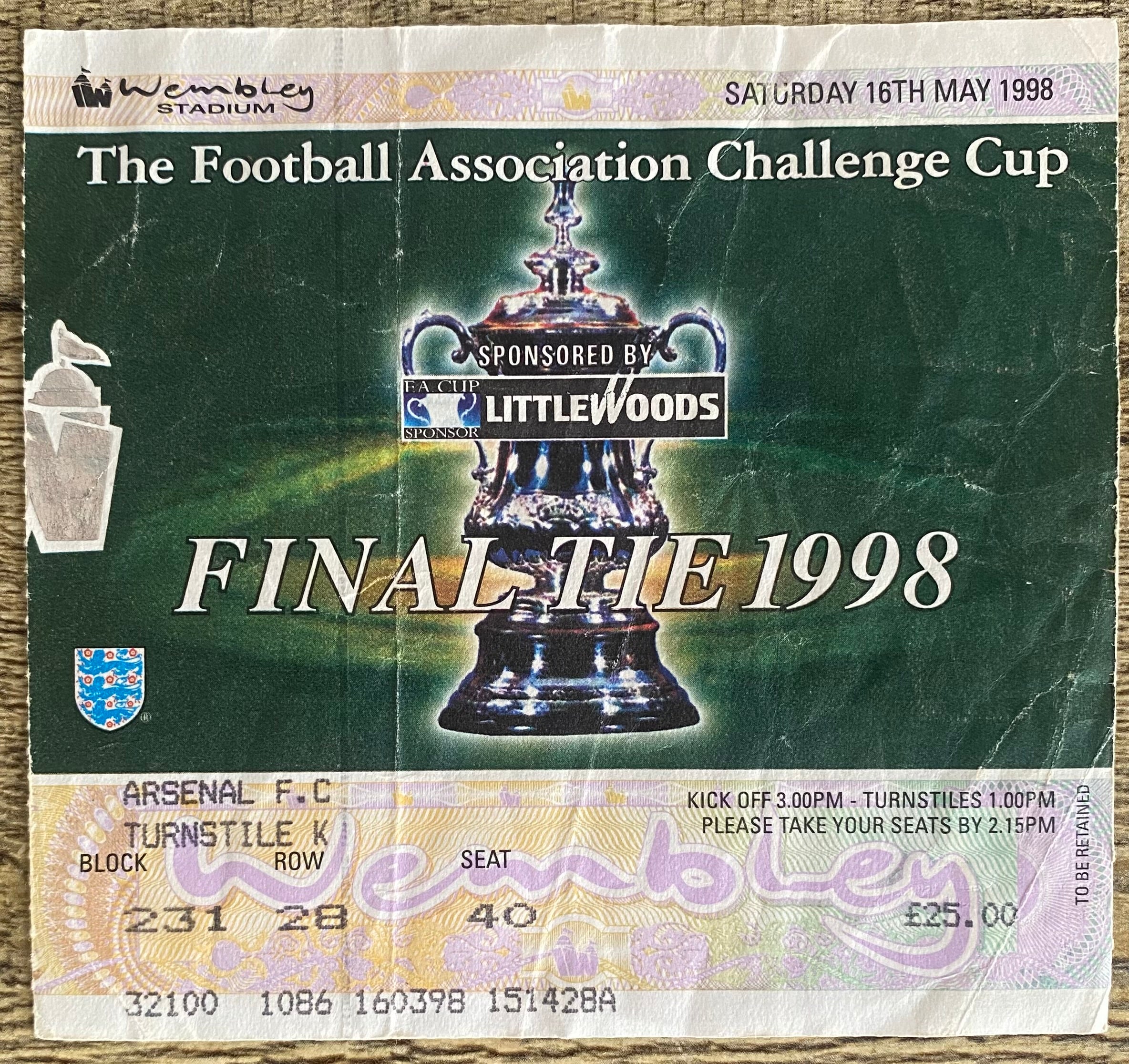 1998 ORIGINAL FA CUP FINAL TICKET ARSENAL V NEWCASTLE UNITED