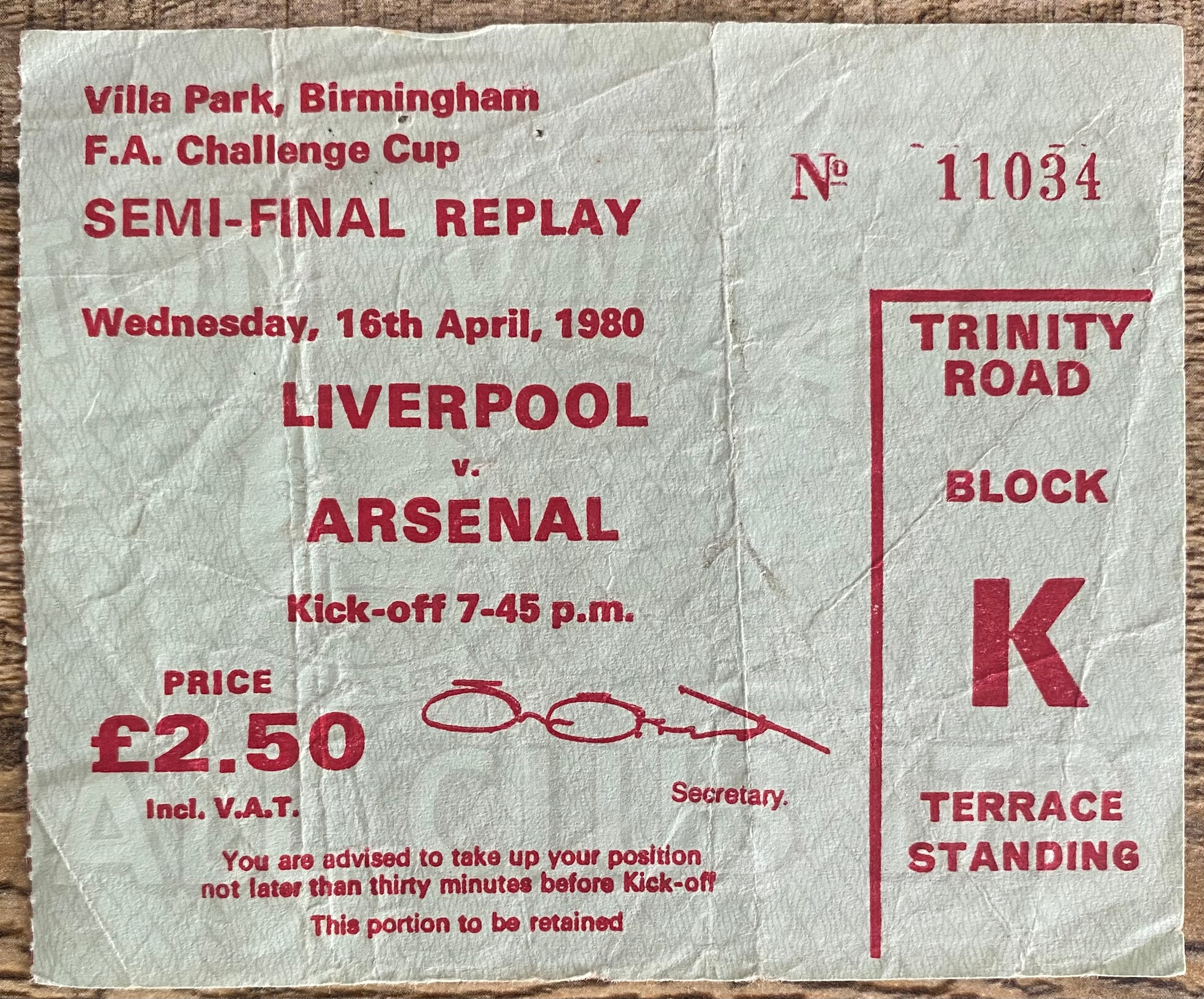 1980 ORIGINAL FA CUP SEMI FINAL REPLAY TICKET LIVERPOOL V ARSENAL @VILLA PARK
