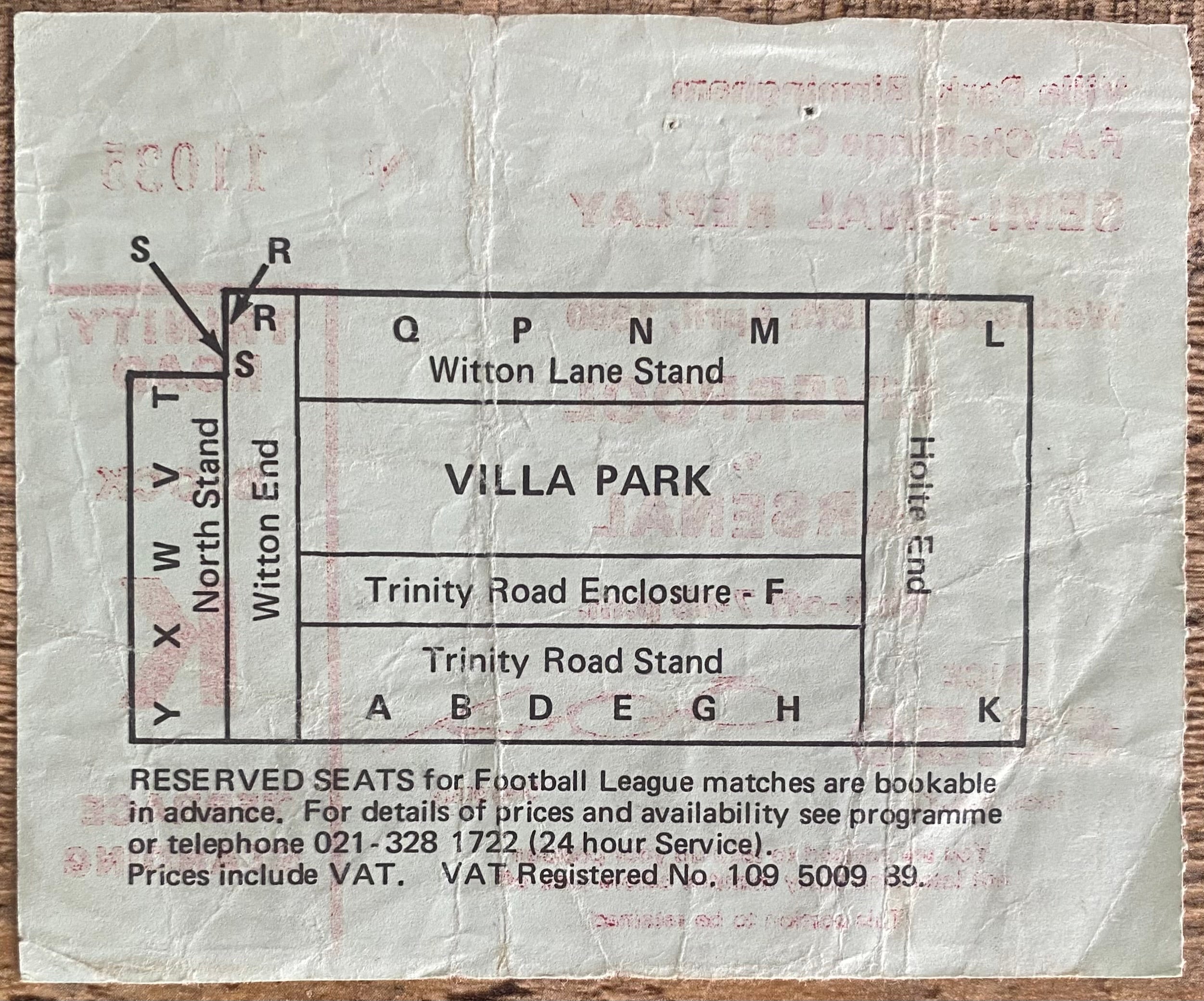 1980 ORIGINAL FA CUP SEMI FINAL REPLAY TICKET LIVERPOOL V ARSENAL @VILLA PARK