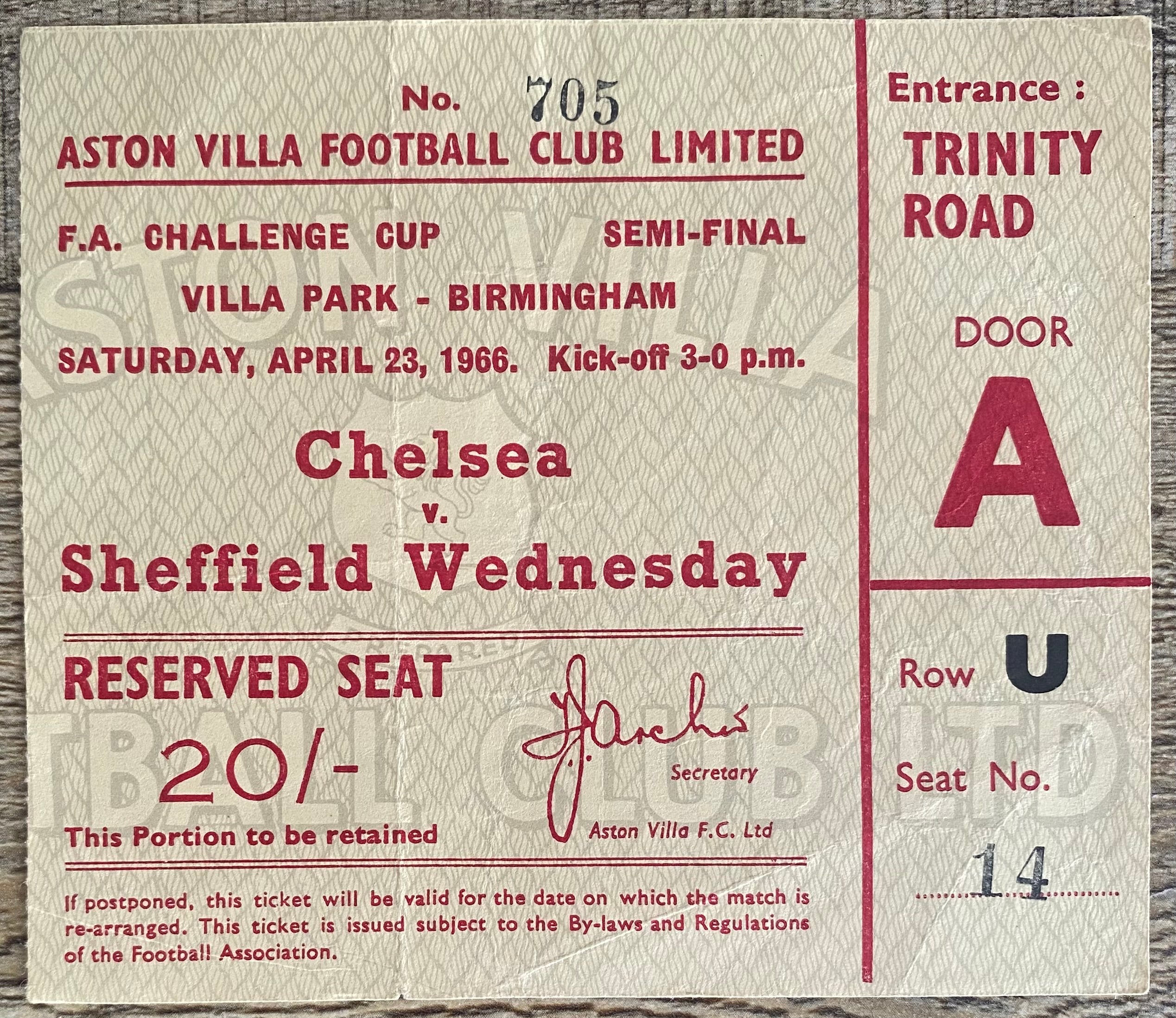 1966 ORIGINAL FA CUP SEMI FINAL TICKET CHELSEA V SHEFFIELD WEDNESDAY @VILLA PARK