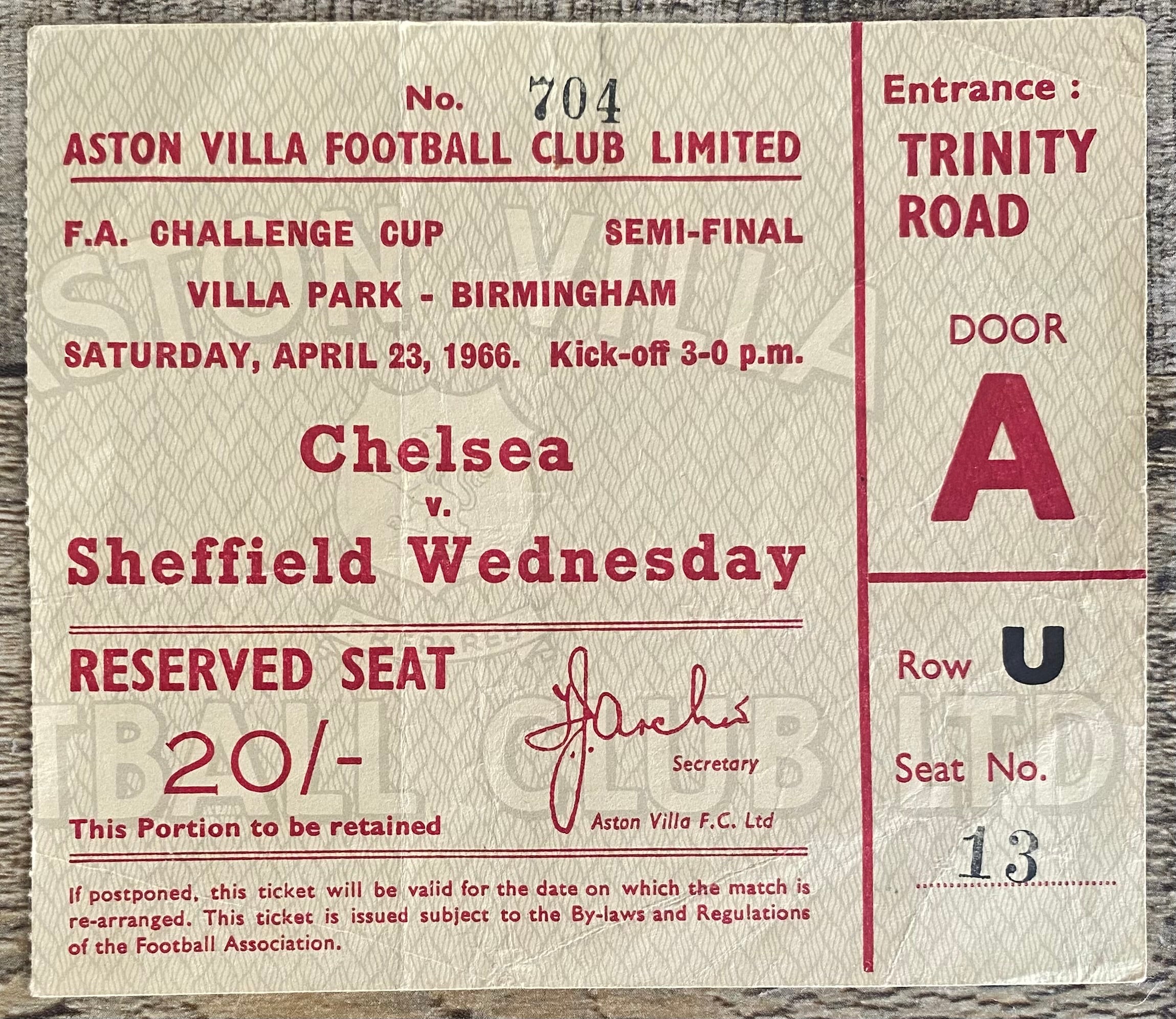 1966 ORIGINAL FA CUP SEMI FINAL TICKET CHELSEA V SHEFFIELD WEDNESDAY @VILLA PARK