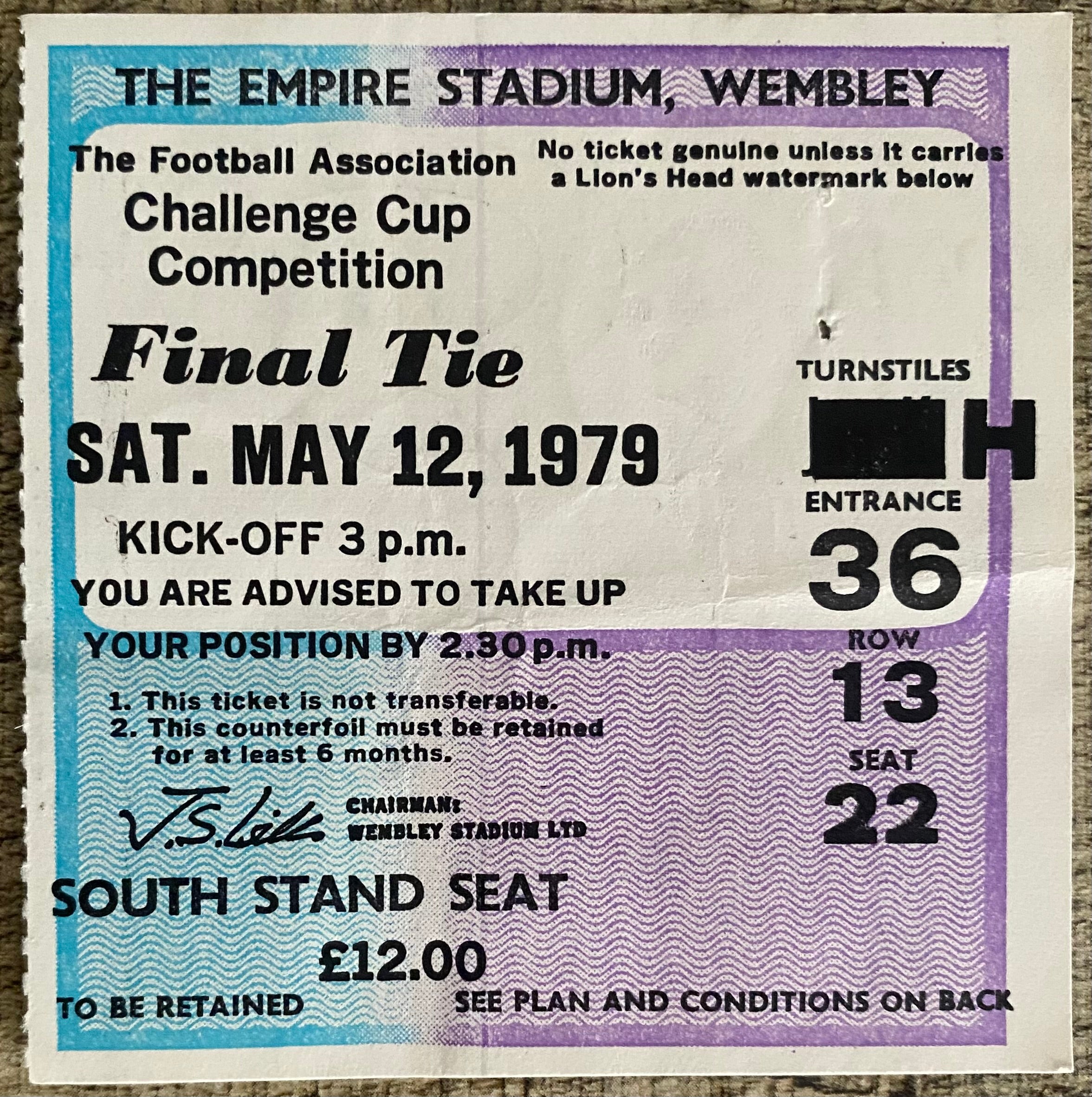 1979 ORIGINAL FA CUP FINAL TICKET ARSENAL V MANCHESTER UNITED