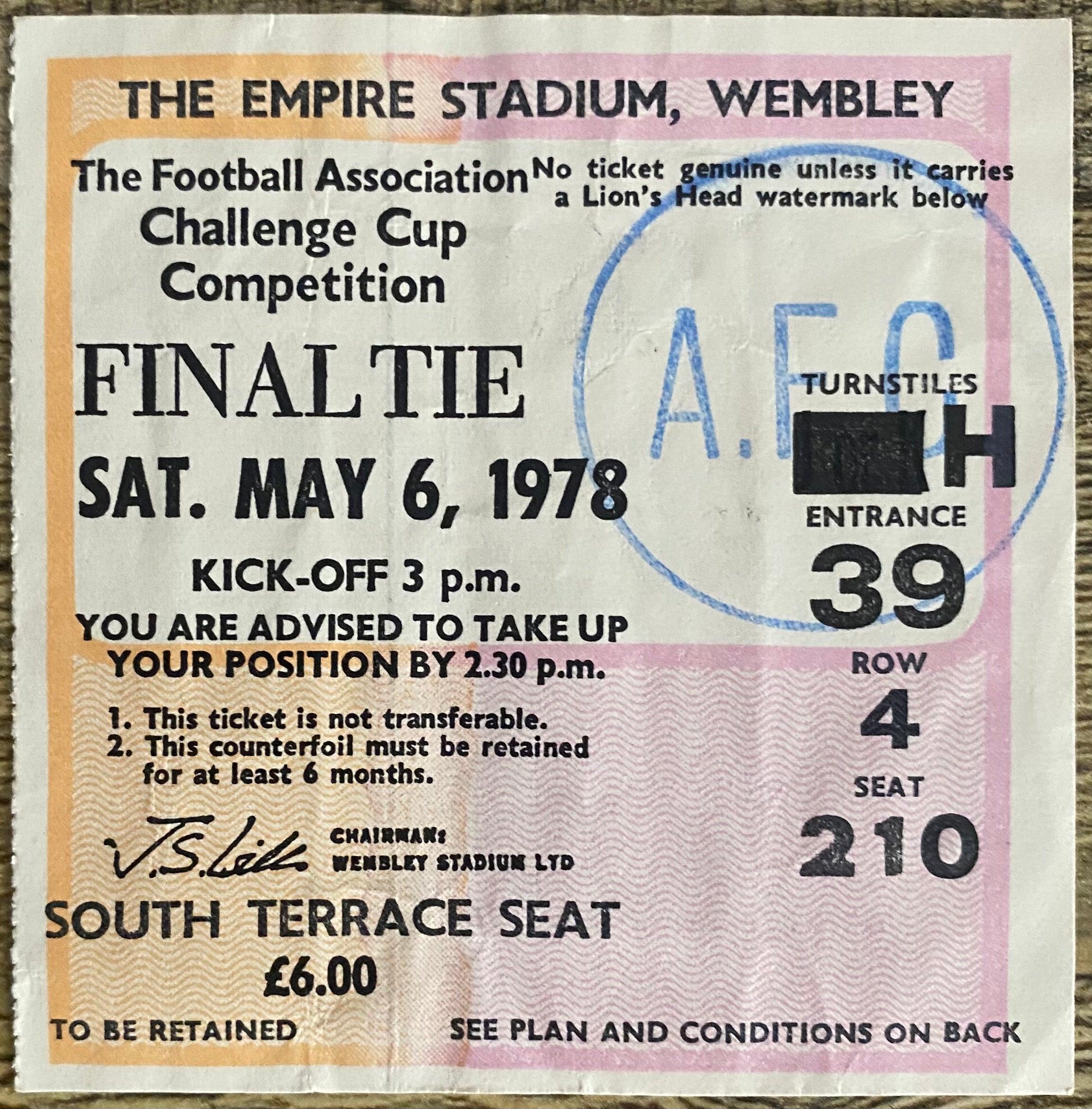 1978 ORIGINAL FA CUP FINAL TICKET IPSWICH TOWN V ARSENAL