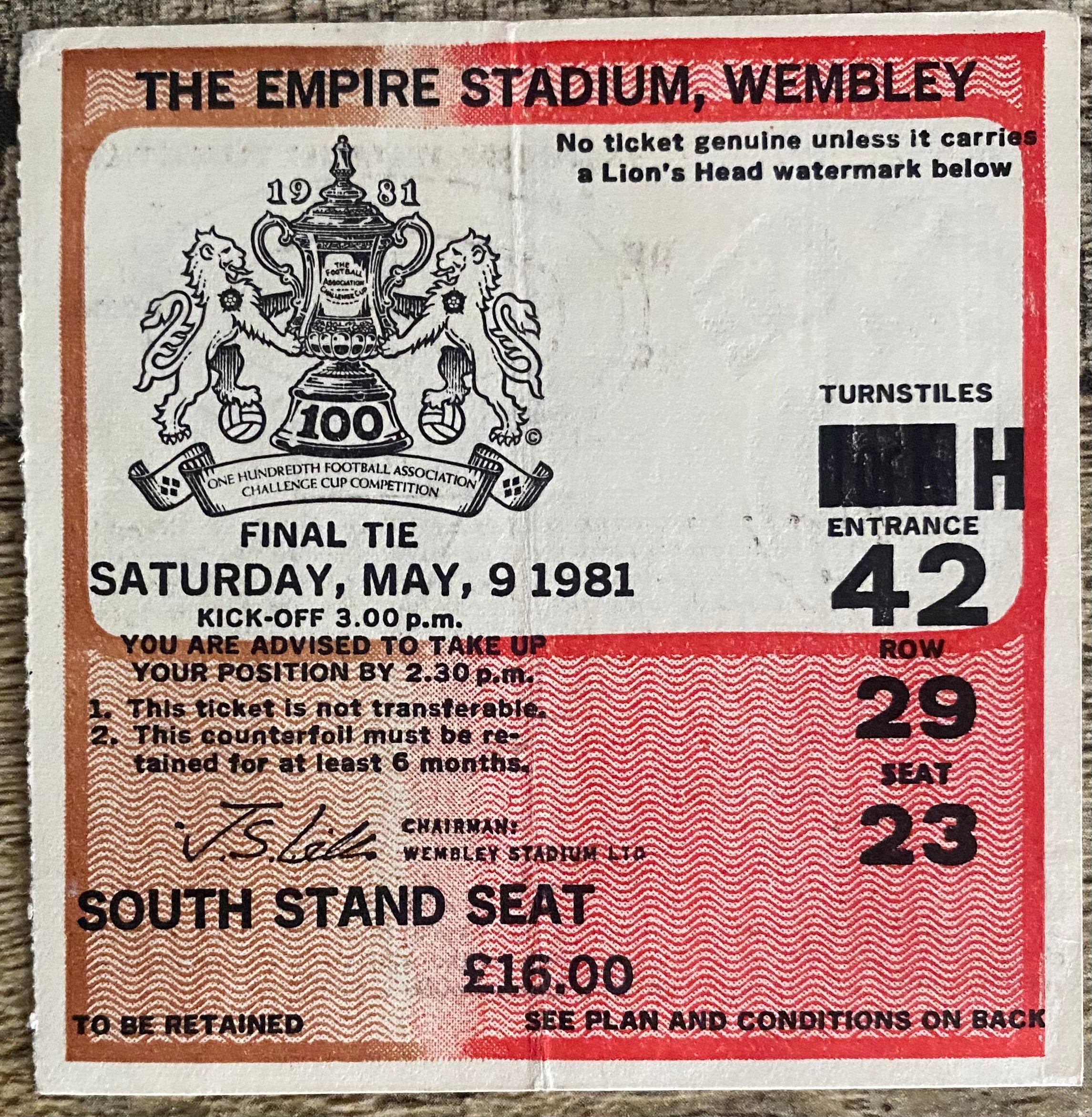1981 ORIGINAL FA CUP FINAL TICKET TOTTENHAM HOTSPUR V MANCHESTER CITY