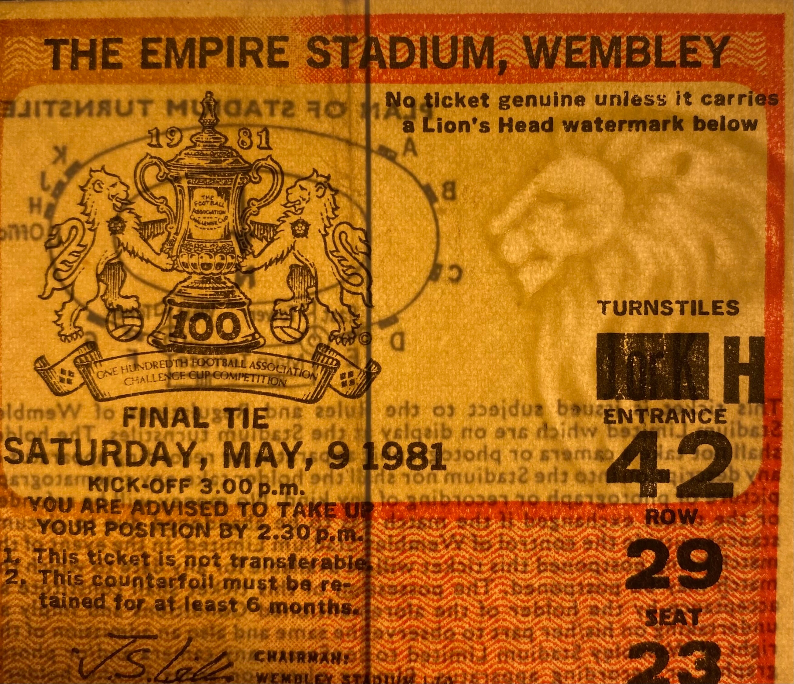 1981 ORIGINAL FA CUP FINAL TICKET TOTTENHAM HOTSPUR V MANCHESTER CITY