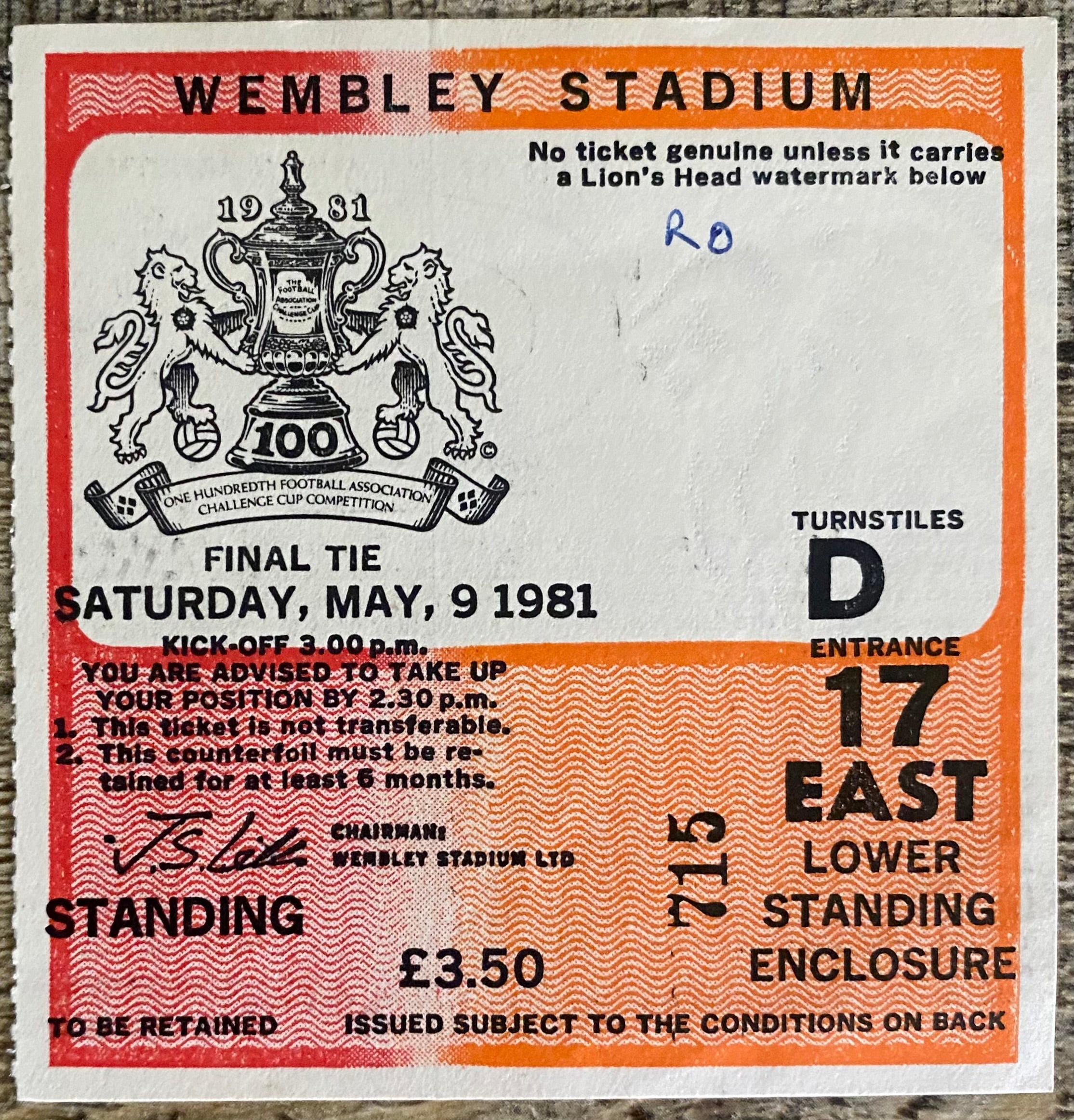 1981 ORIGINAL FA CUP FINAL TICKET TOTTENHAM HOTSPUR V MANCHESTER CITY