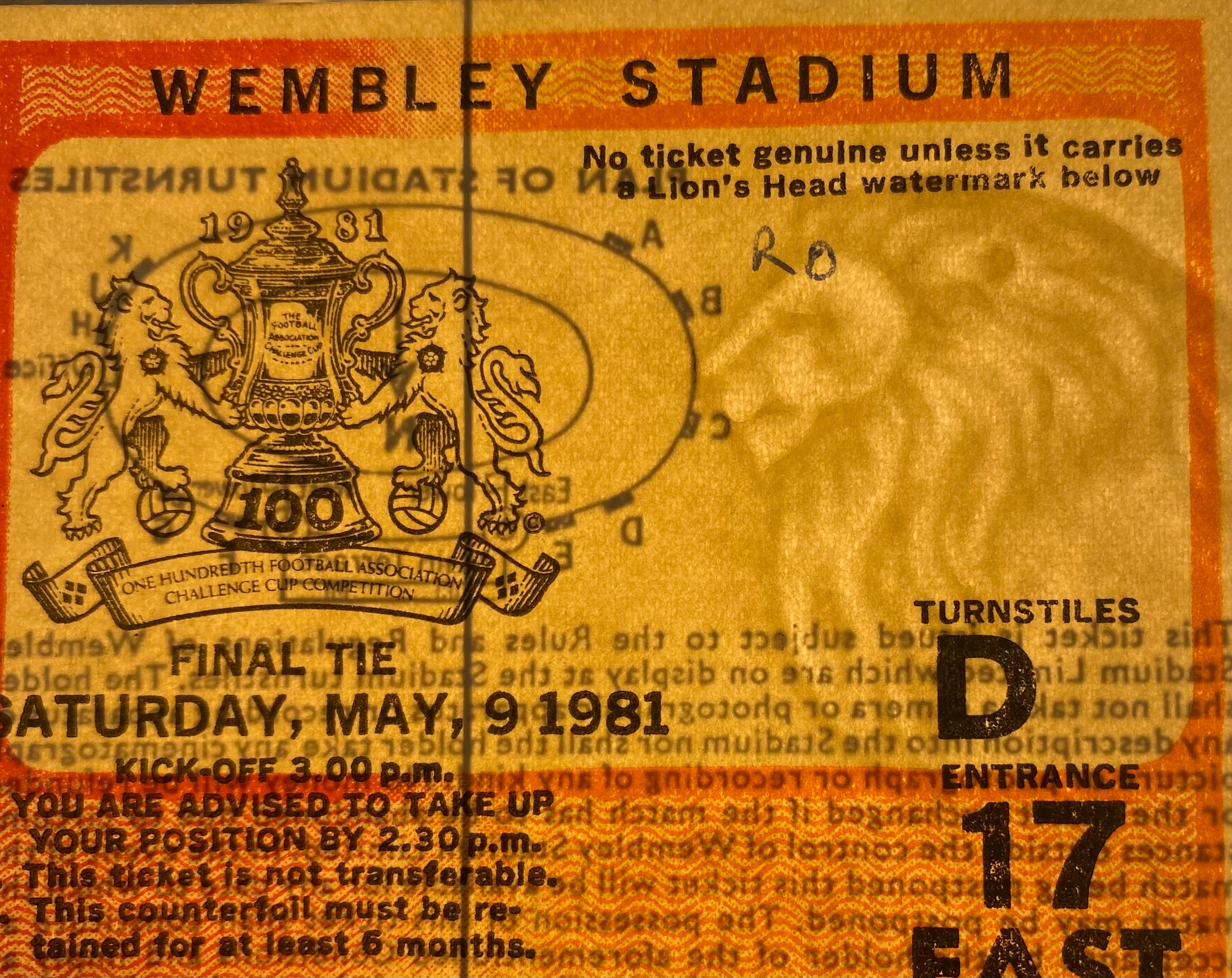 1981 ORIGINAL FA CUP FINAL TICKET TOTTENHAM HOTSPUR V MANCHESTER CITY