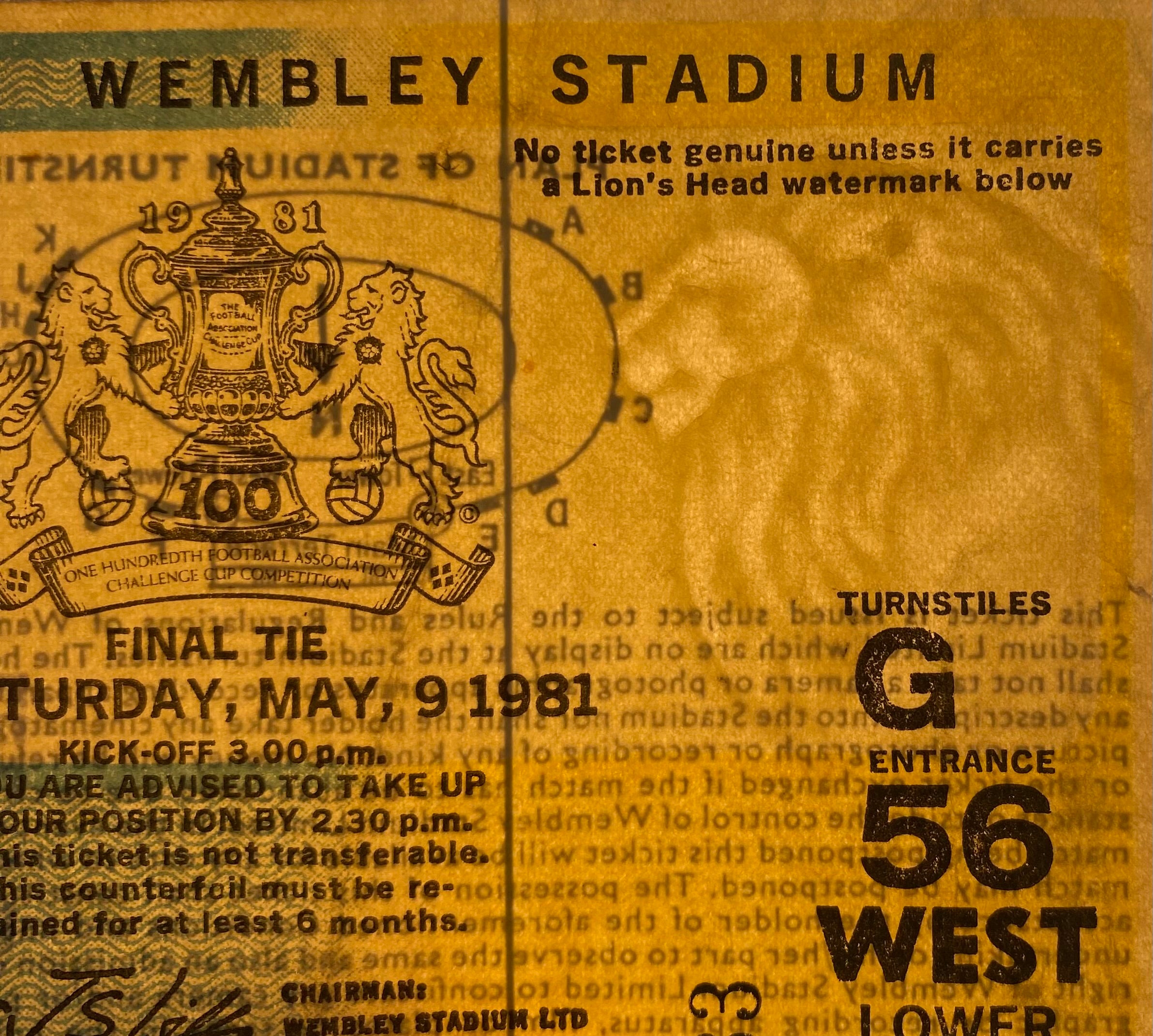 1981 ORIGINAL FA CUP FINAL TICKET TOTTENHAM HOTSPUR V MANCHESTER CITY