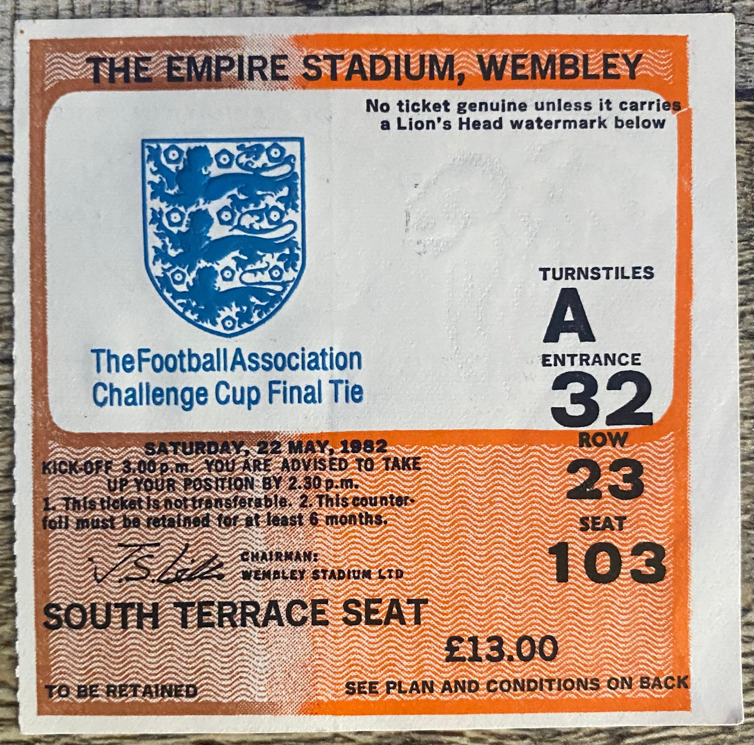 1982 ORIGINAL FA CUP FINAL TICKET TOTTENHAM HOTSPUR V QUEENS PARK RANGERS