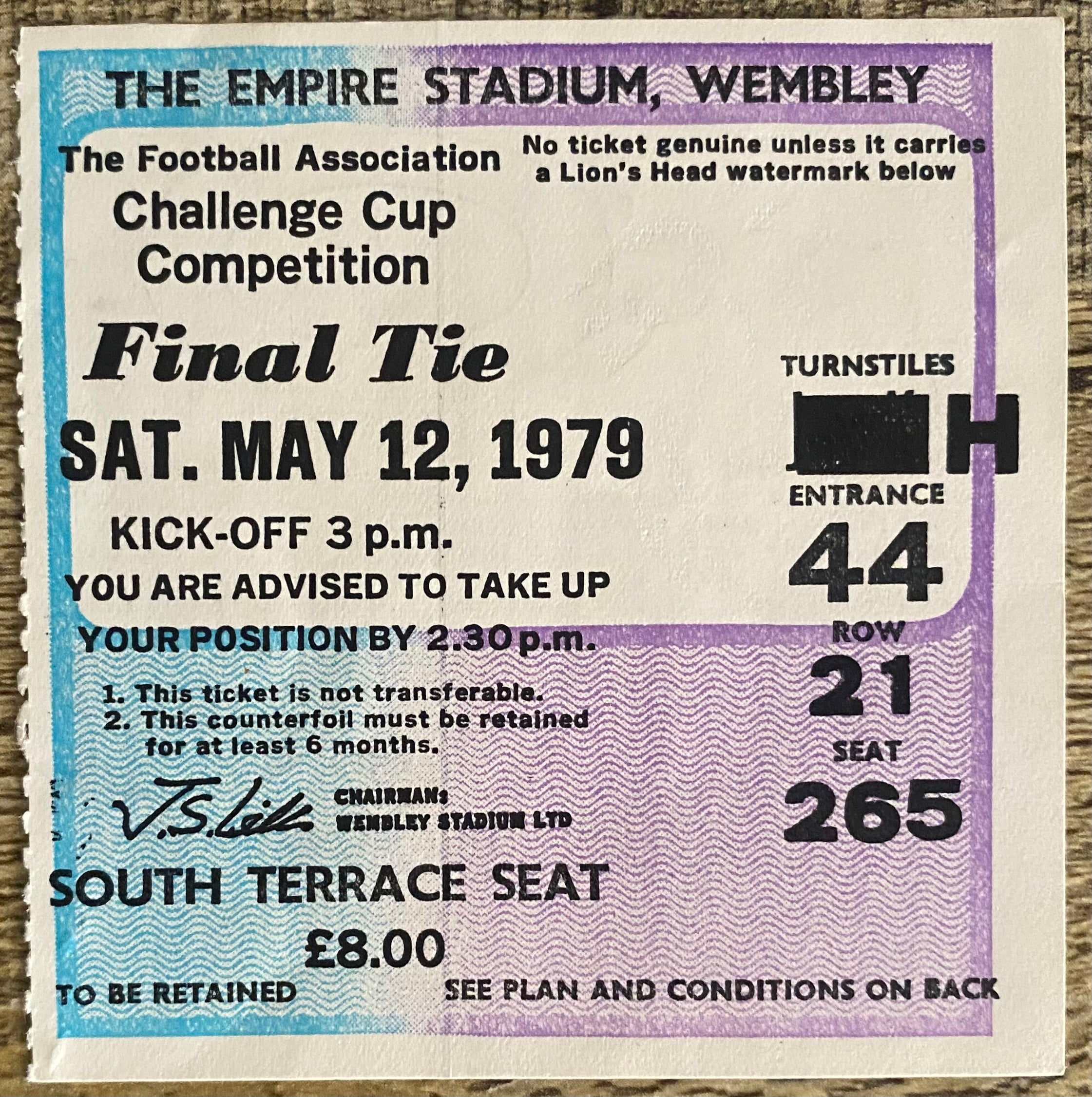 1979 ORIGINAL FA CUP FINAL TICKET ARSENAL V MANCHESTER UNITED