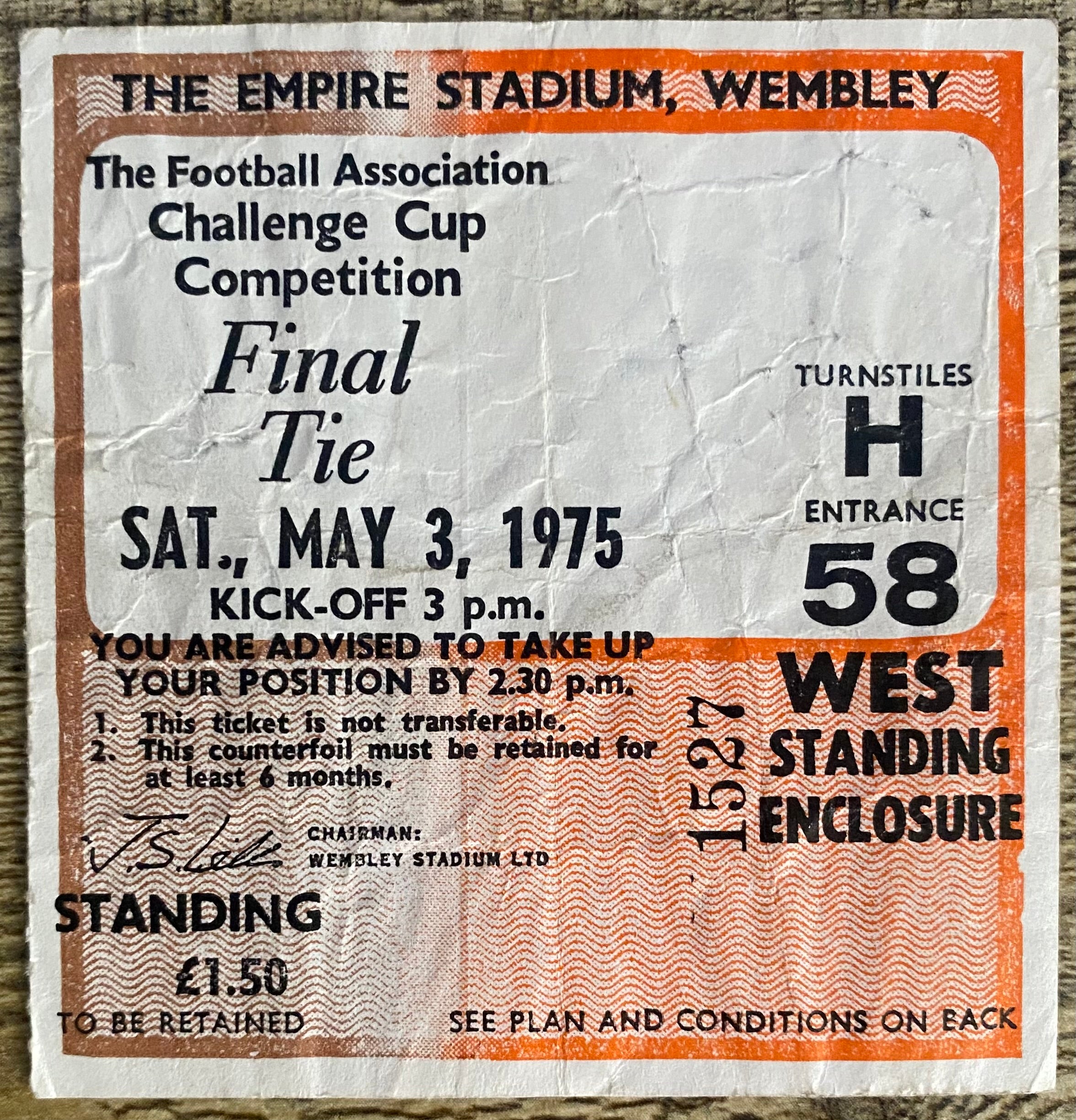 1975 ORIGINAL FA CUP FINAL TICKET WEST HAM UNITED V FULHAM