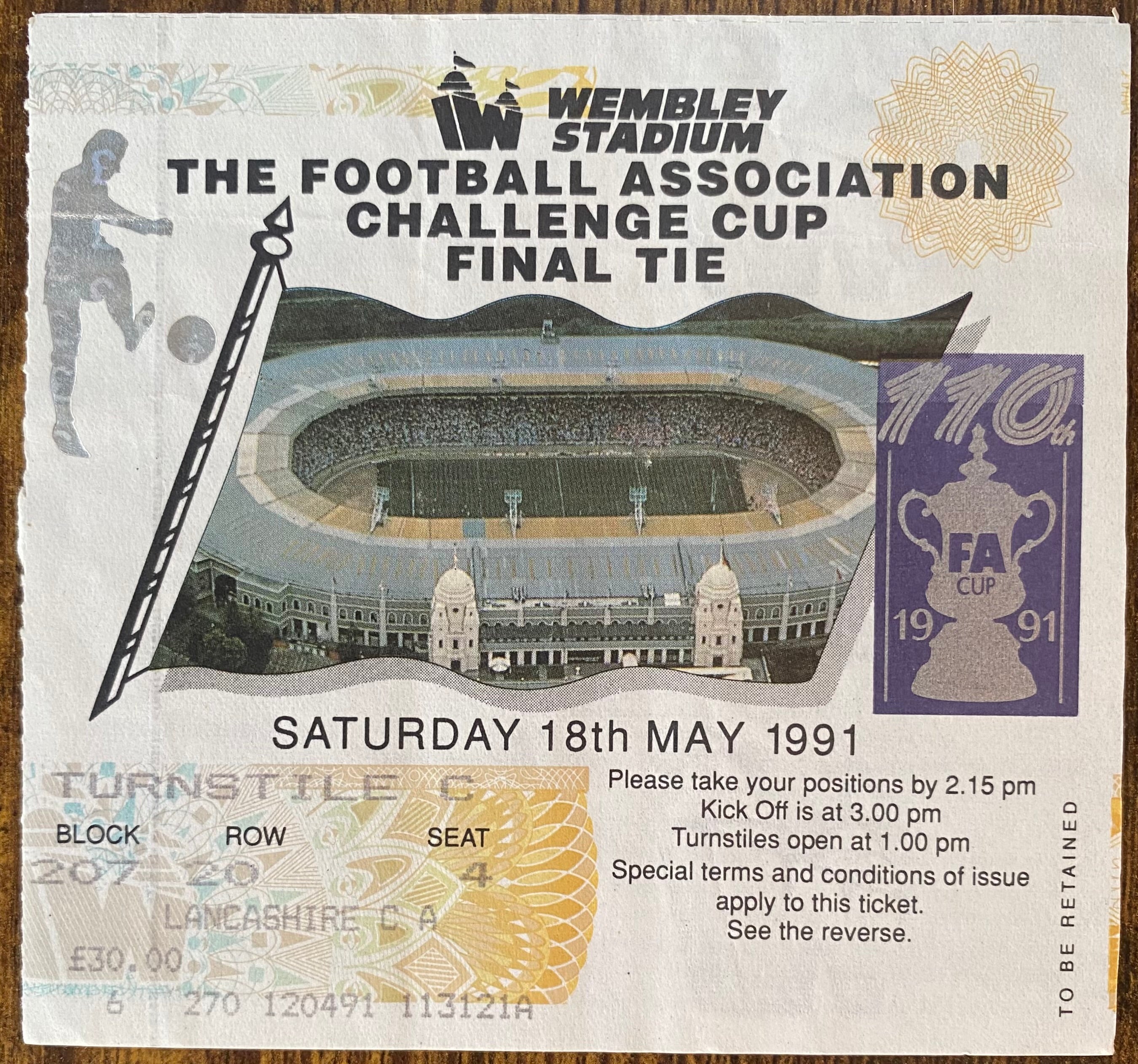 1991 ORIGINAL FA CUP FINAL TICKET TOTTENHAM HOTSPUR V NOTTINGHAM FOREST