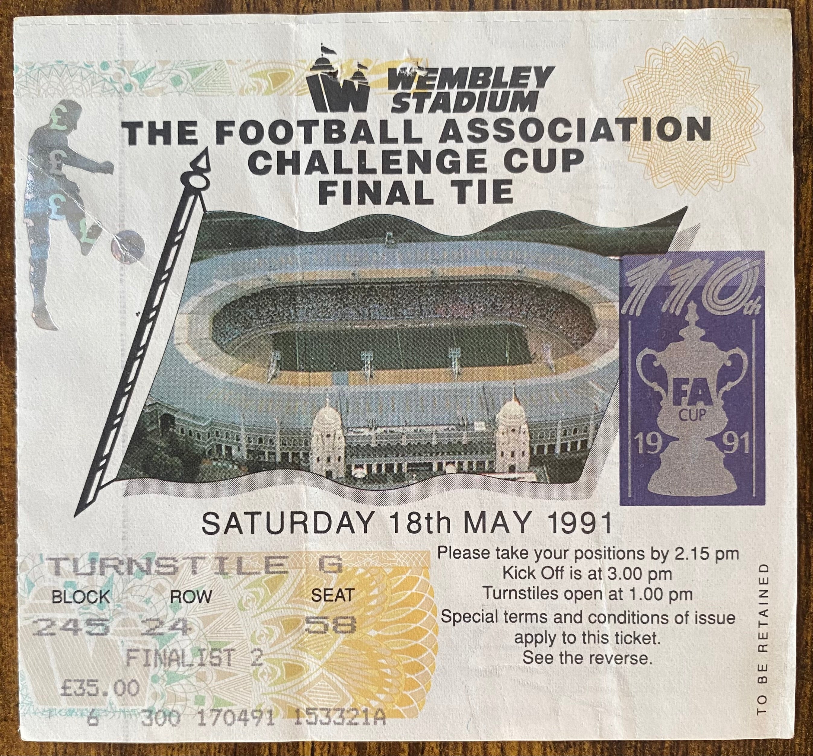 1991 ORIGINAL FA CUP FINAL TICKET TOTTENHAM HOTSPUR V NOTTINGHAM FOREST