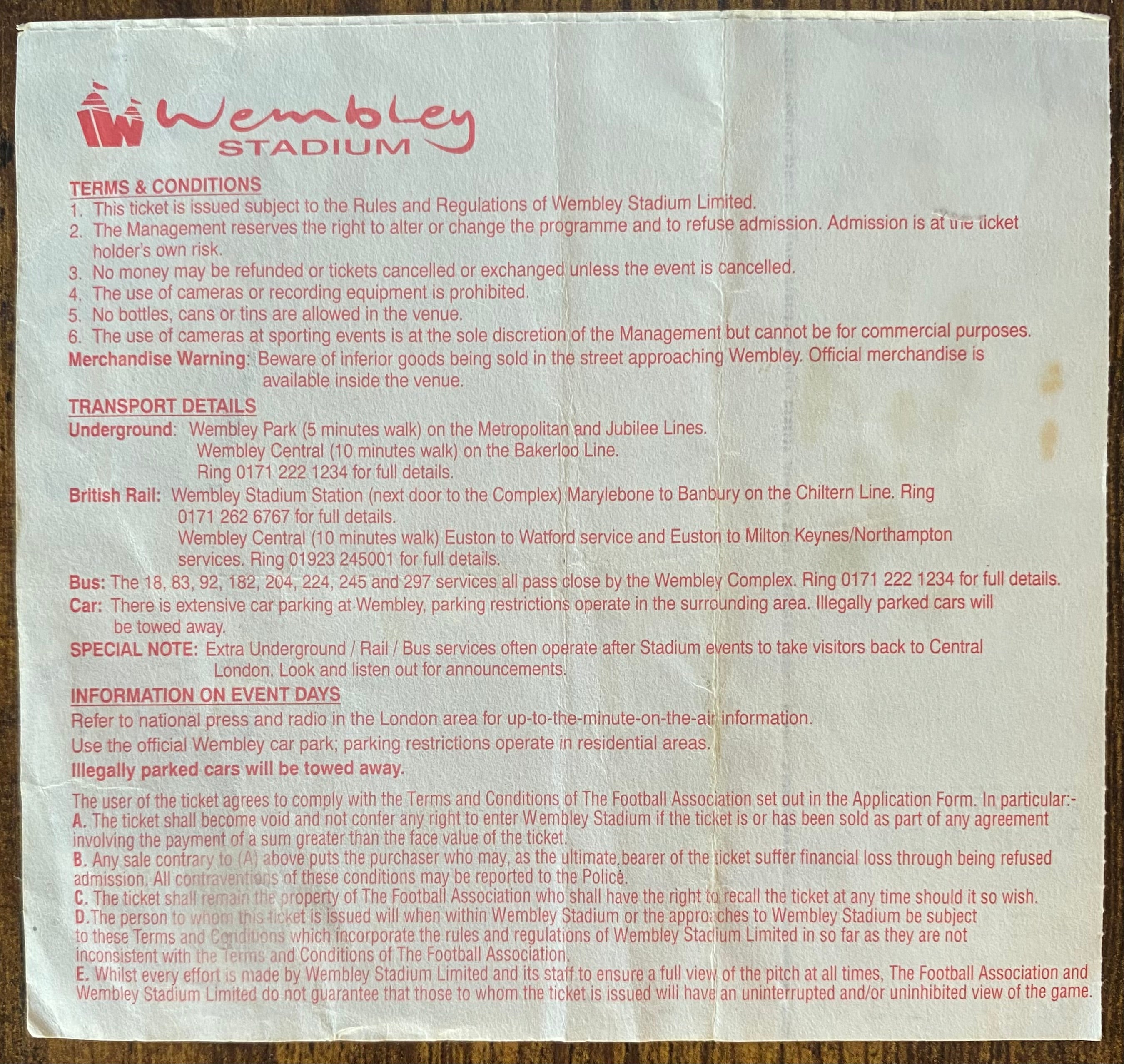1997 ORIGINAL FA CUP FINAL TICKET MIDDLESBROUGH V CHELSEA