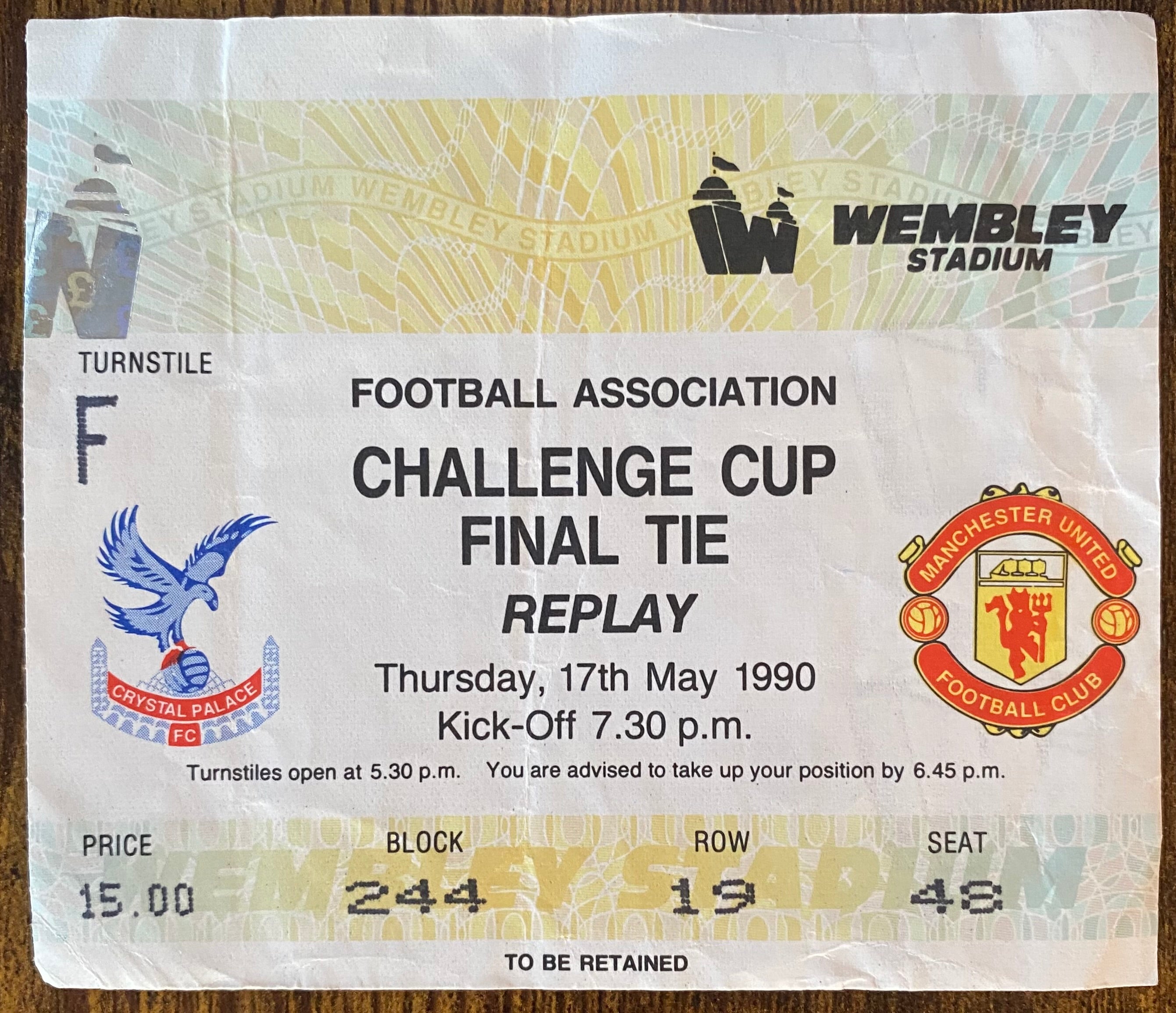 1990 ORIGINAL FA CUP FINAL REPLAY TICKET MANCHESTER UNITED V CRYSTAL PALACE