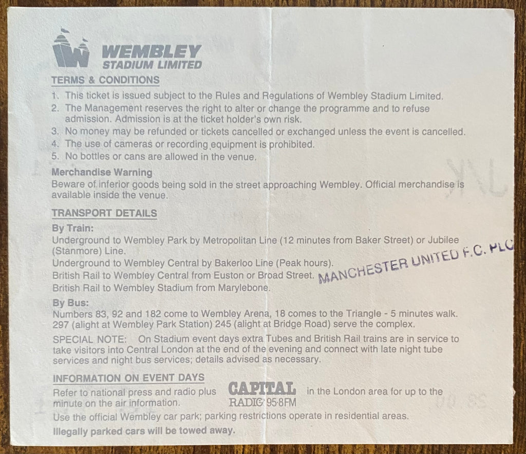 1990 ORIGINAL FA CUP FINAL TICKET MANCHESTER UNITED V CRYSTAL PALACE