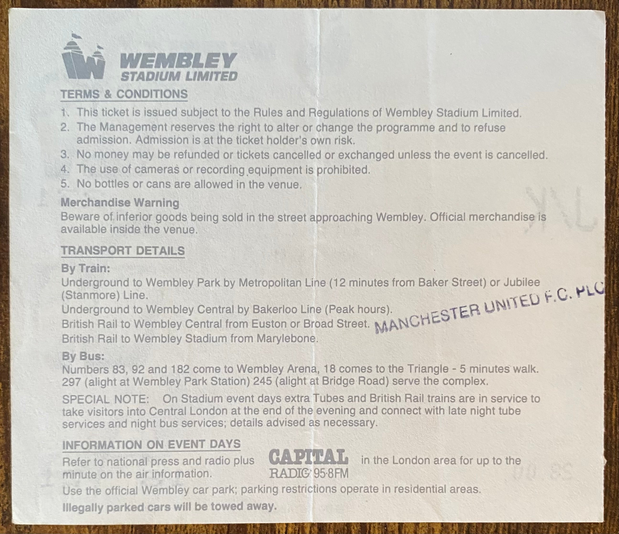 1990 ORIGINAL FA CUP FINAL TICKET MANCHESTER UNITED V CRYSTAL PALACE