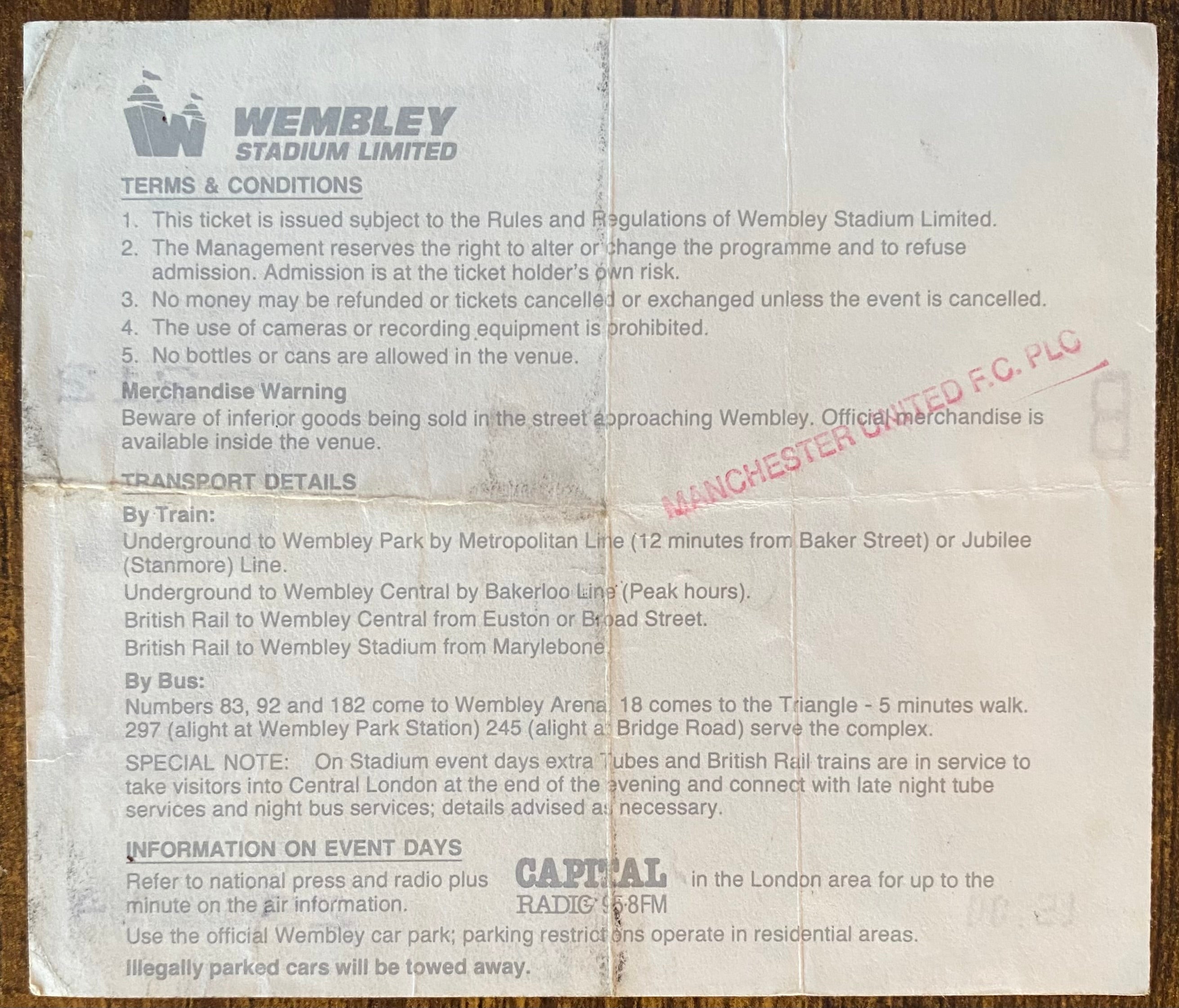 1990 ORIGINAL FA CUP FINAL TICKET MANCHESTER UNITED V CRYSTAL PALACE