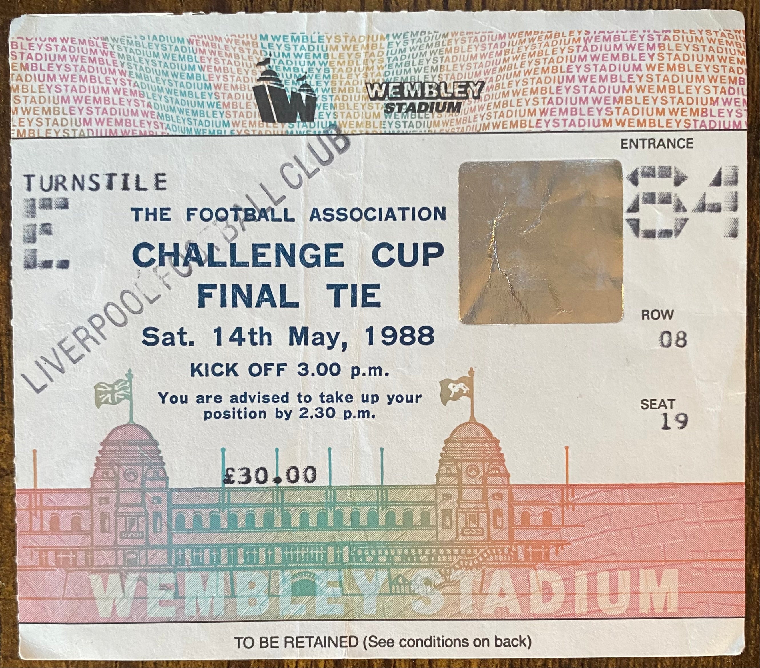 1988 ORIGINAL FA CUP FINAL TICKET WIMBLEDON V LIVERPOOL