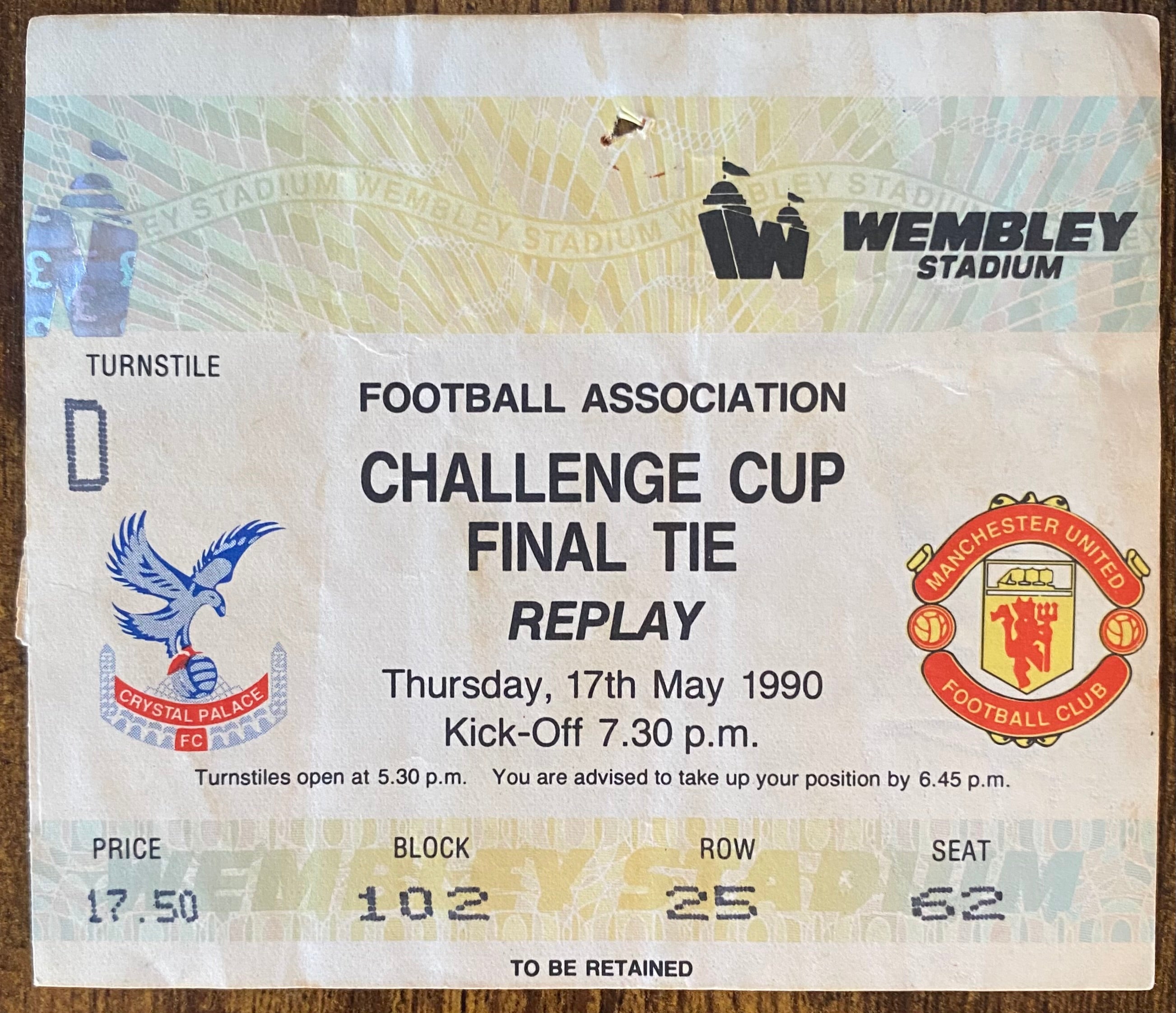 1990 ORIGINAL FA CUP FINAL REPLAY TICKET MANCHESTER UNITED V CRYSTAL PALACE
