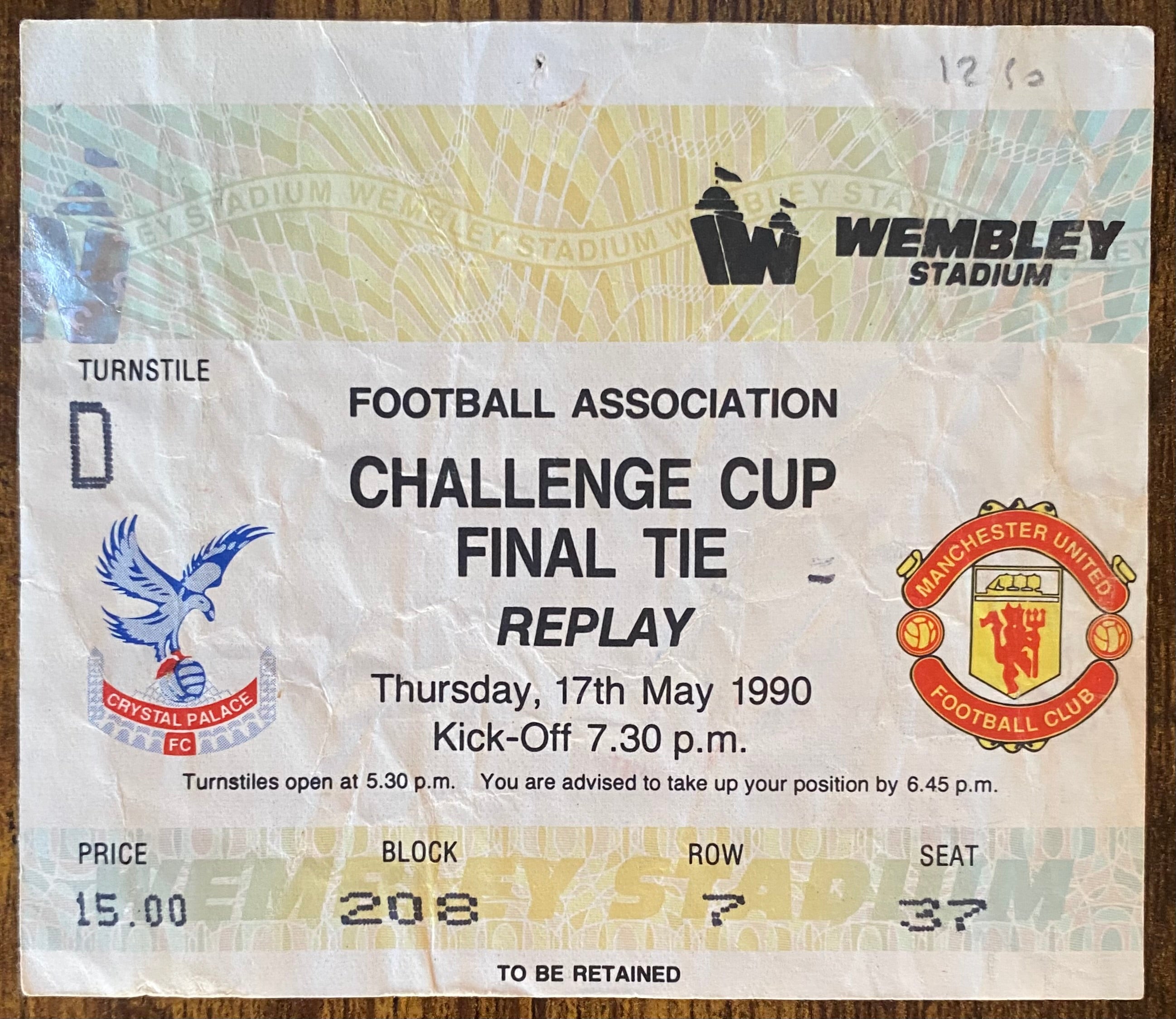 1990 ORIGINAL FA CUP FINAL REPLAY TICKET MANCHESTER UNITED V CRYSTAL PALACE