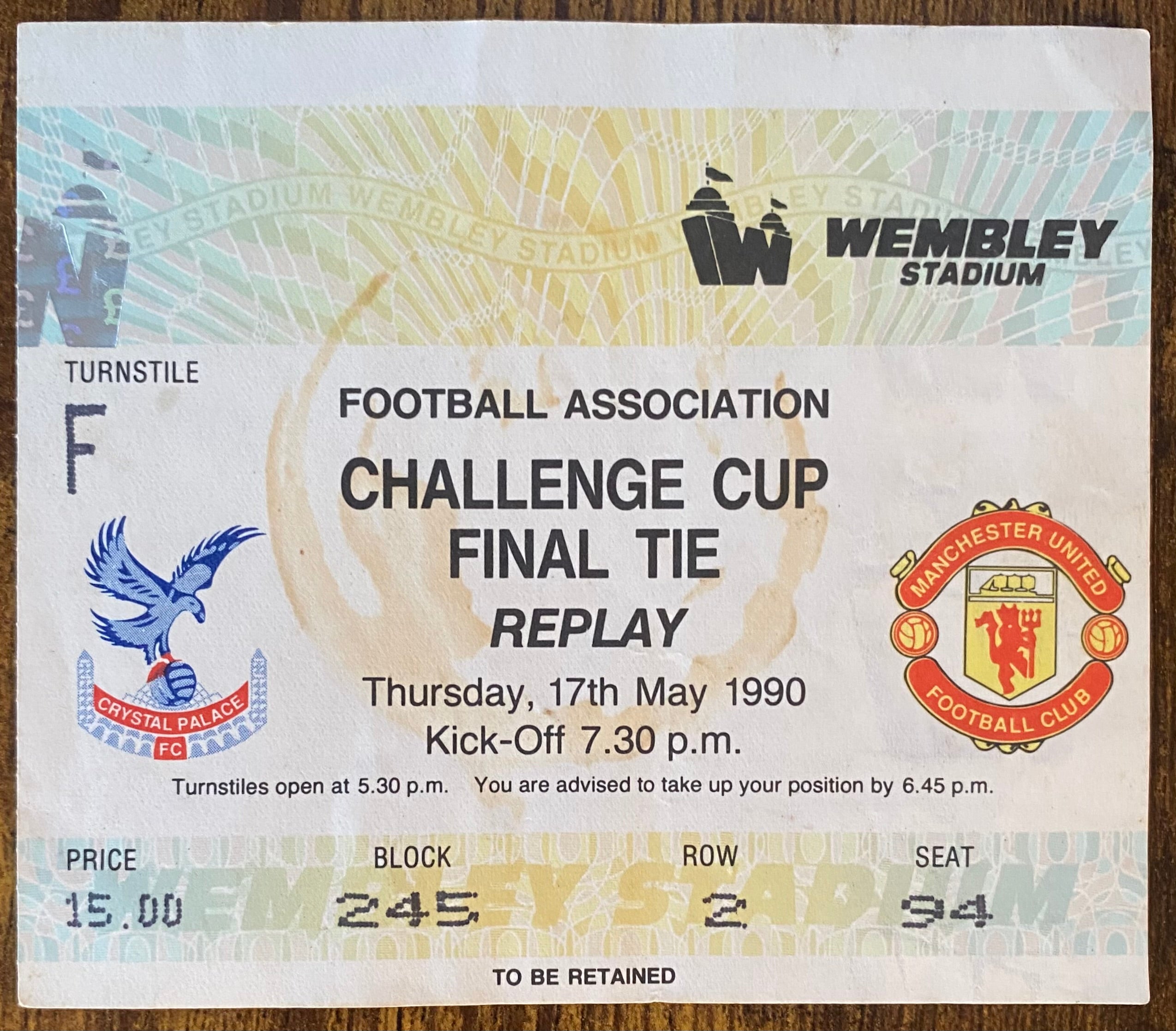1990 ORIGINAL FA CUP FINAL REPLAY TICKET MANCHESTER UNITED V CRYSTAL PALACE