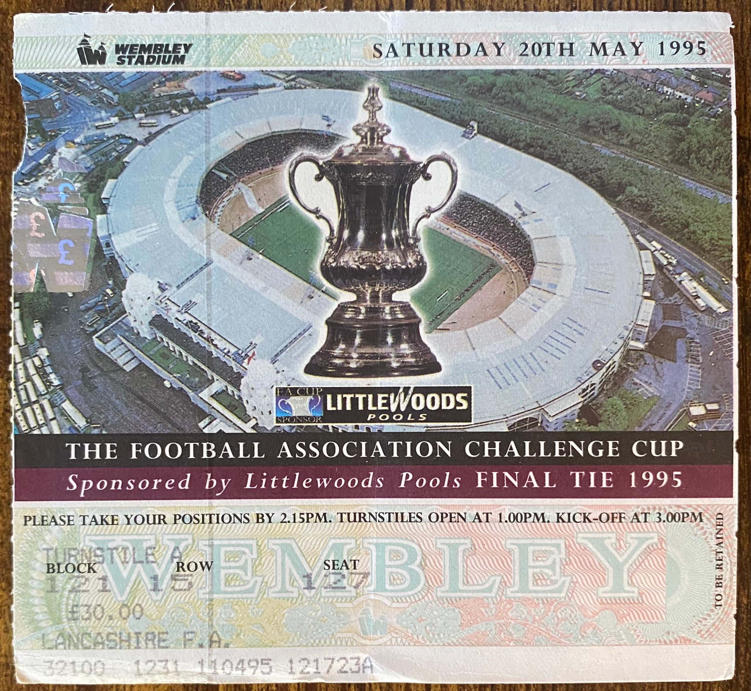 1995 ORIGINAL FA CUP FINAL TICKET MANCHESTER UNITED V EVERTON