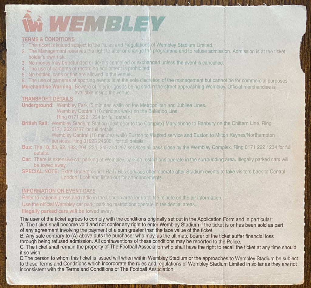 1995 ORIGINAL FA CUP FINAL TICKET MANCHESTER UNITED V EVERTON