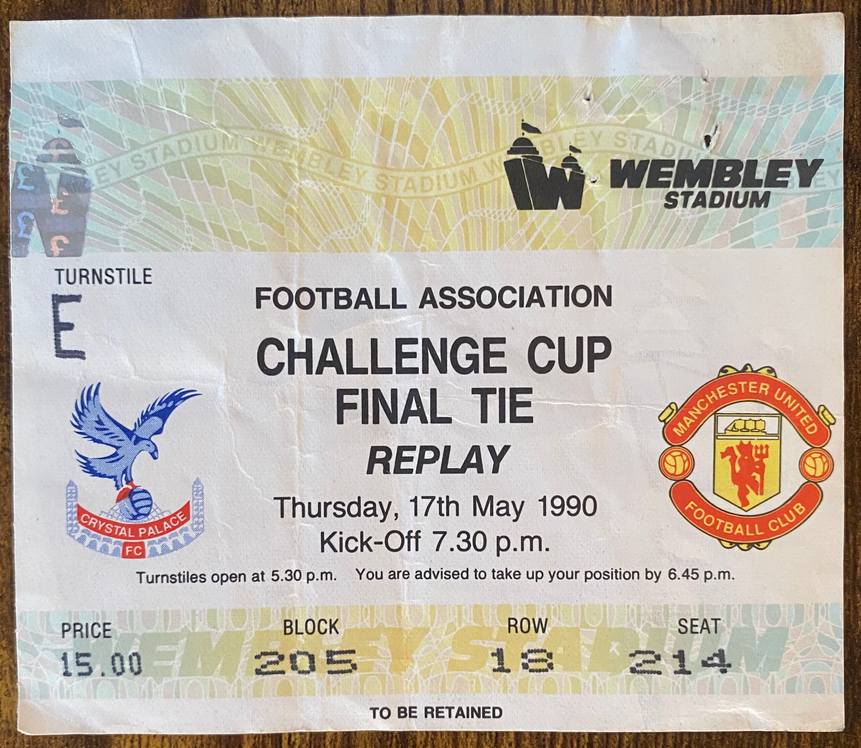 1990 ORIGINAL FA CUP FINAL REPLAY TICKET MANCHESTER UNITED V CRYSTAL PALACE