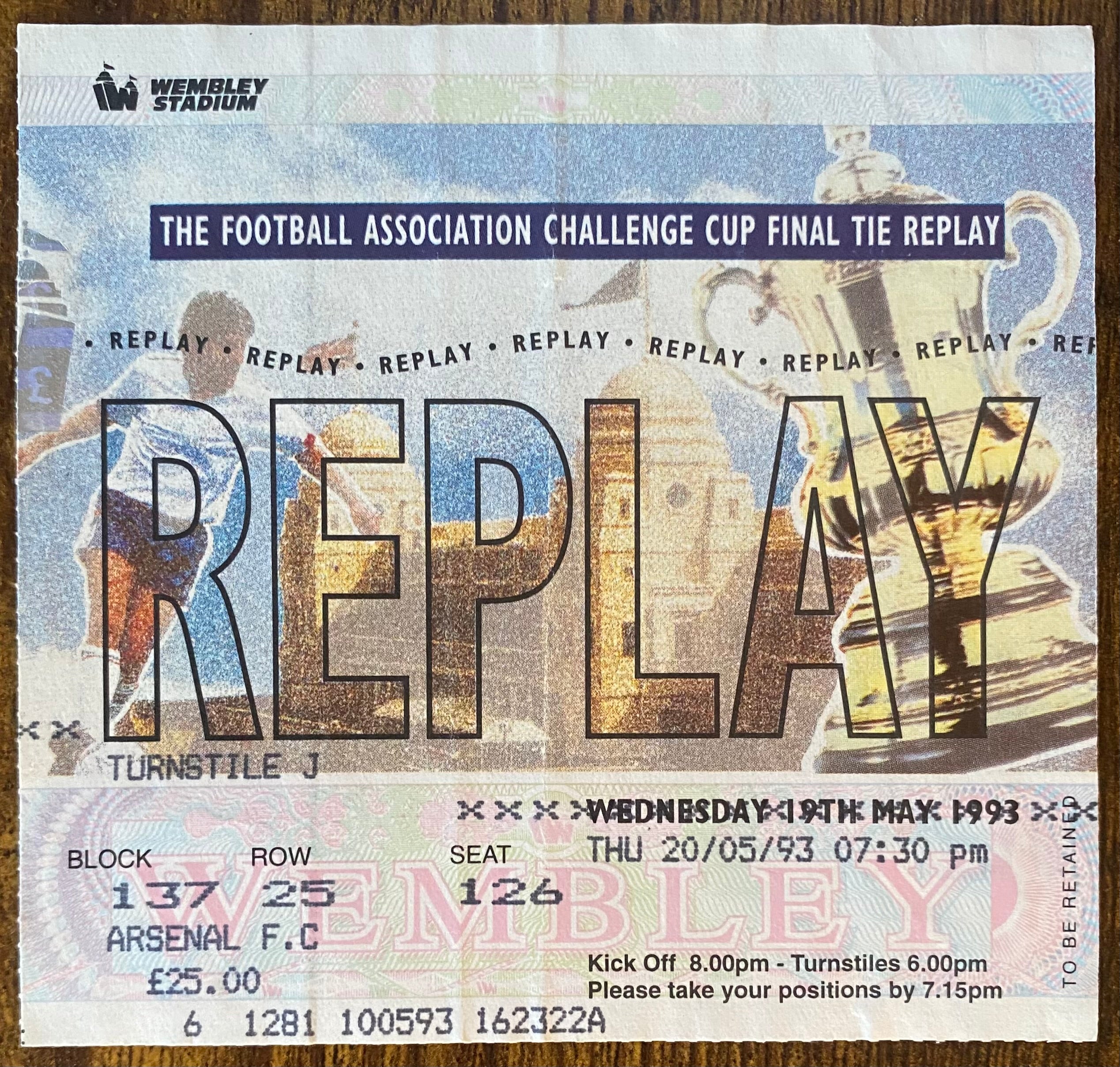 1993 ORIGINAL FA CUP FINAL TICKET ARSENAL V SHEFFIELD WEDNESDAY
