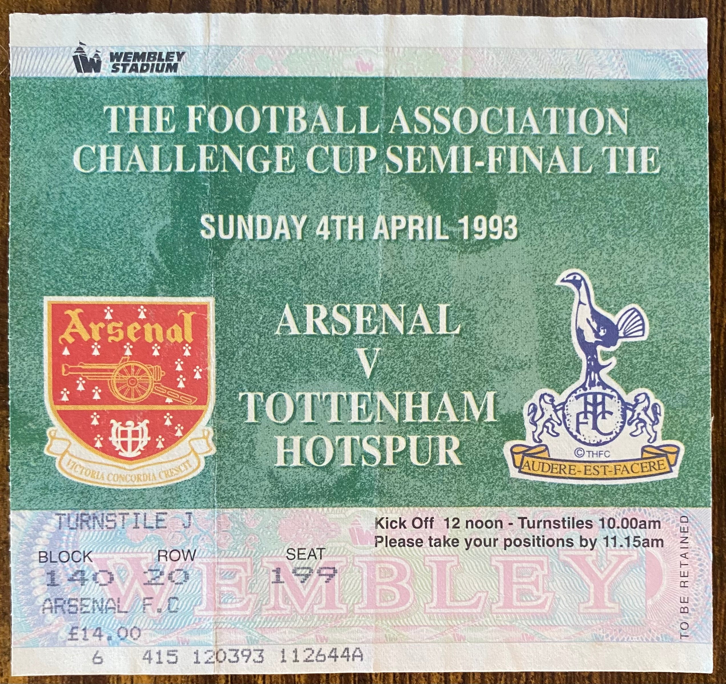 1993 ORIGINAL FA CUP SEMI FINAL TICKET ARSENAL V TOTTENHAM HOTSPUR @ WEMBLEY