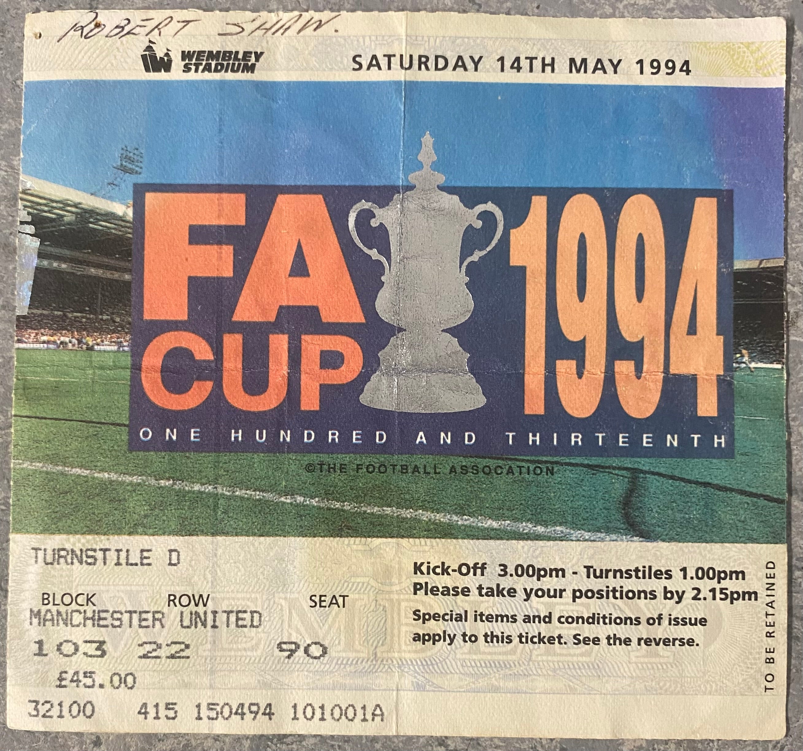 1994 ORIGINAL FA CUP FINAL TICKET CHELSEA V MANCHESTER UNITED