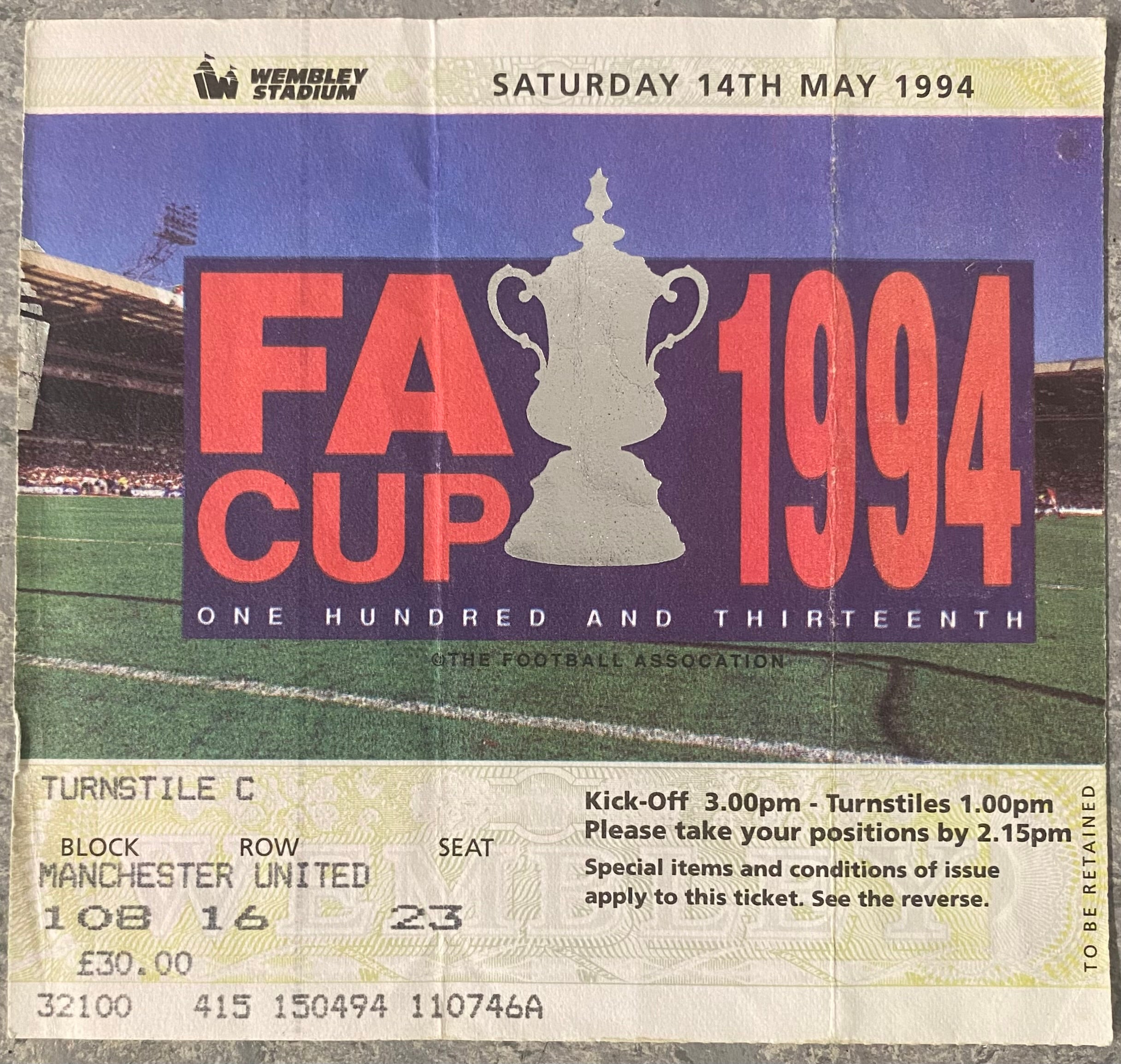 1994 ORIGINAL FA CUP FINAL TICKET CHELSEA V MANCHESTER UNITED