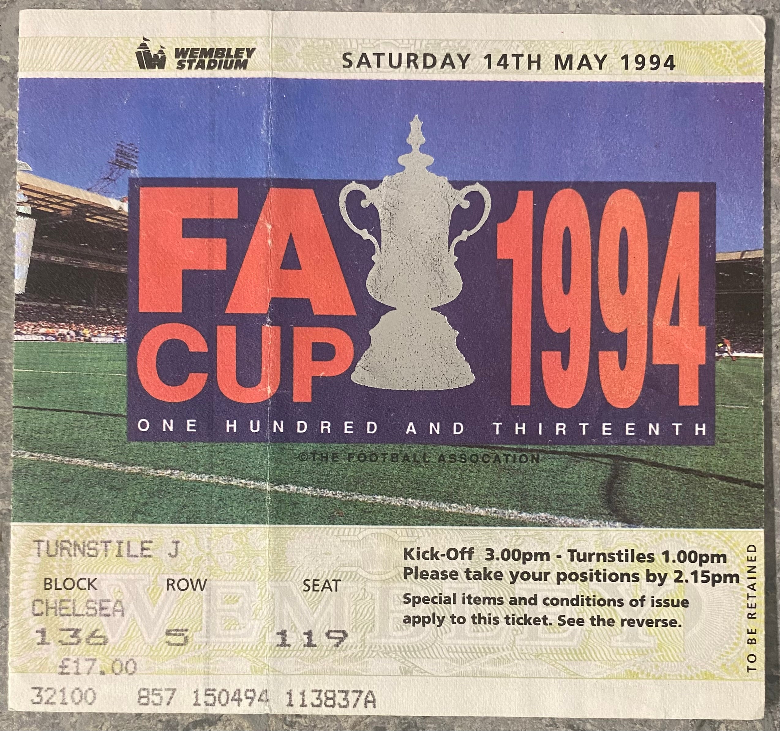 1994 ORIGINAL FA CUP FINAL TICKET CHELSEA V MANCHESTER UNITED