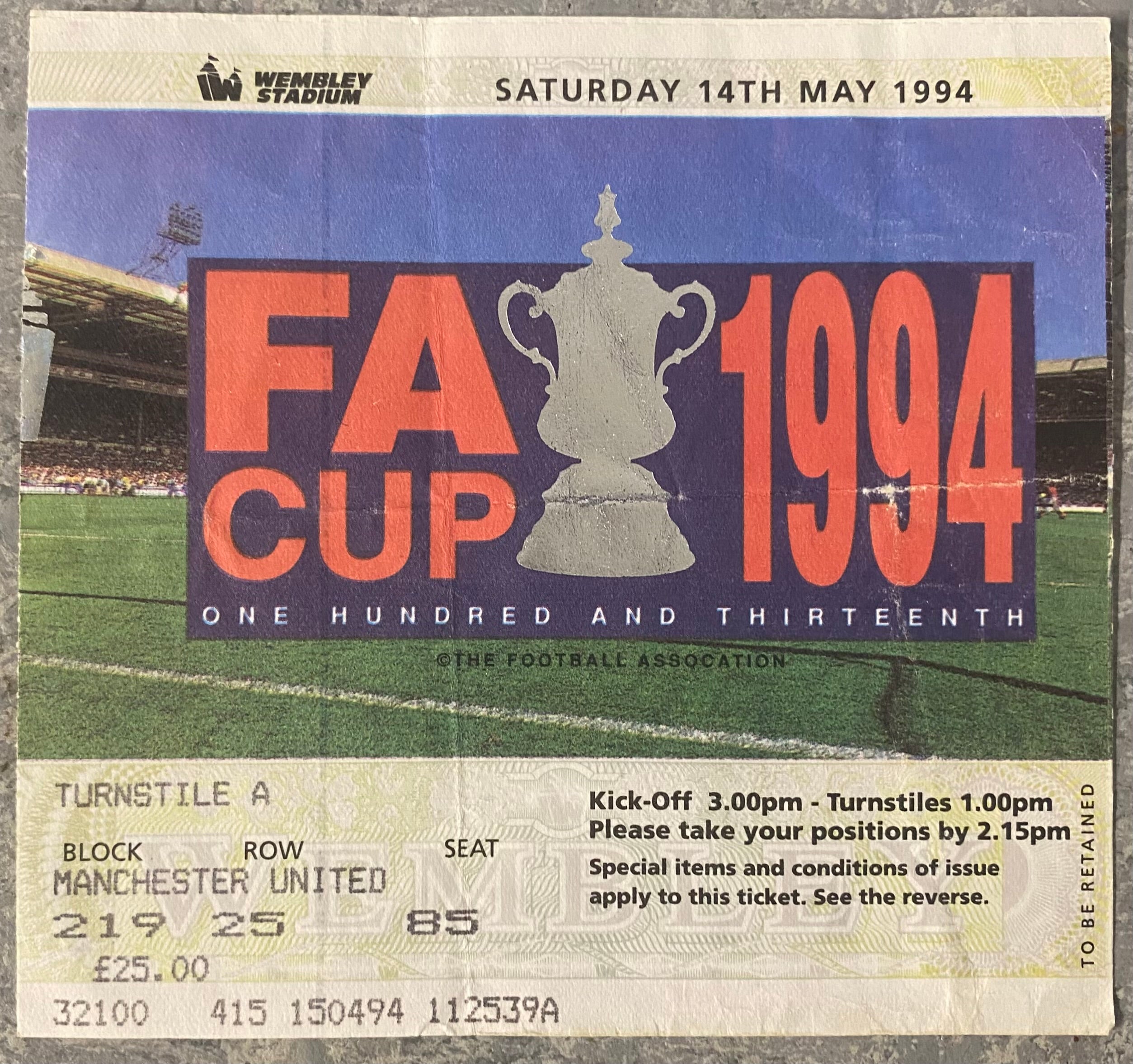 1994 ORIGINAL FA CUP FINAL TICKET CHELSEA V MANCHESTER UNITED