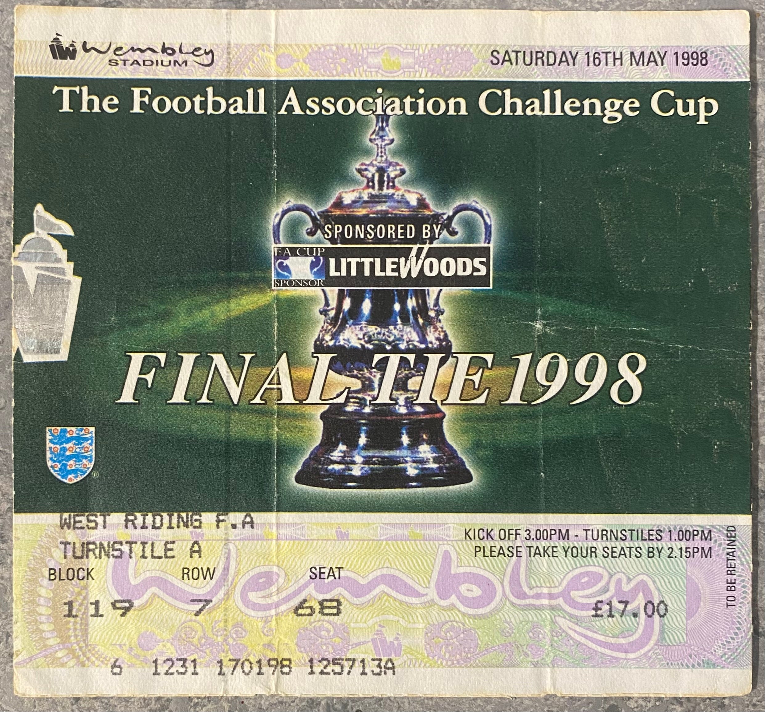 1998 ORIGINAL FA CUP FINAL TICKET ARSENAL V NEWCASTLE UNITED