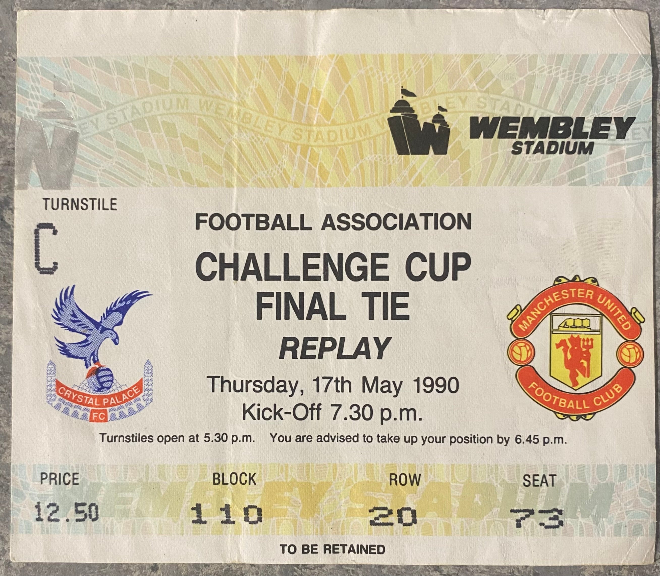 1990 ORIGINAL FA CUP FINAL REPLAY TICKET MANCHESTER UNITED V CRYSTAL PALACE