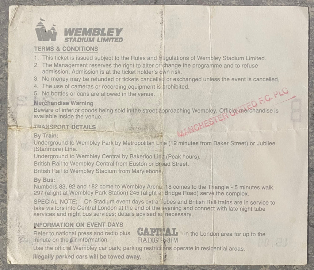 1990 ORIGINAL FA CUP FINAL TICKET MANCHESTER UNITED V CRYSTAL PALACE