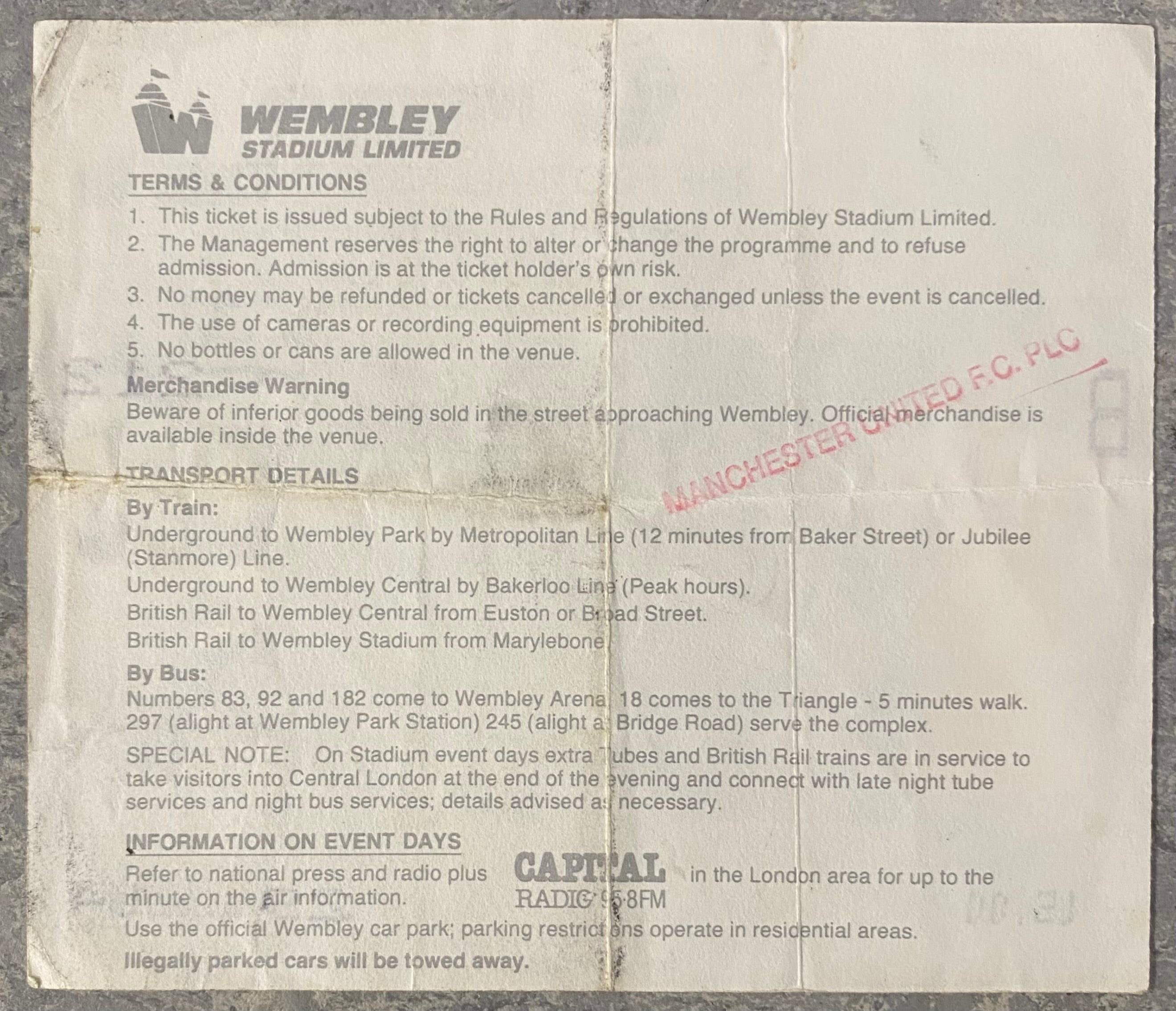 1990 ORIGINAL FA CUP FINAL TICKET MANCHESTER UNITED V CRYSTAL PALACE