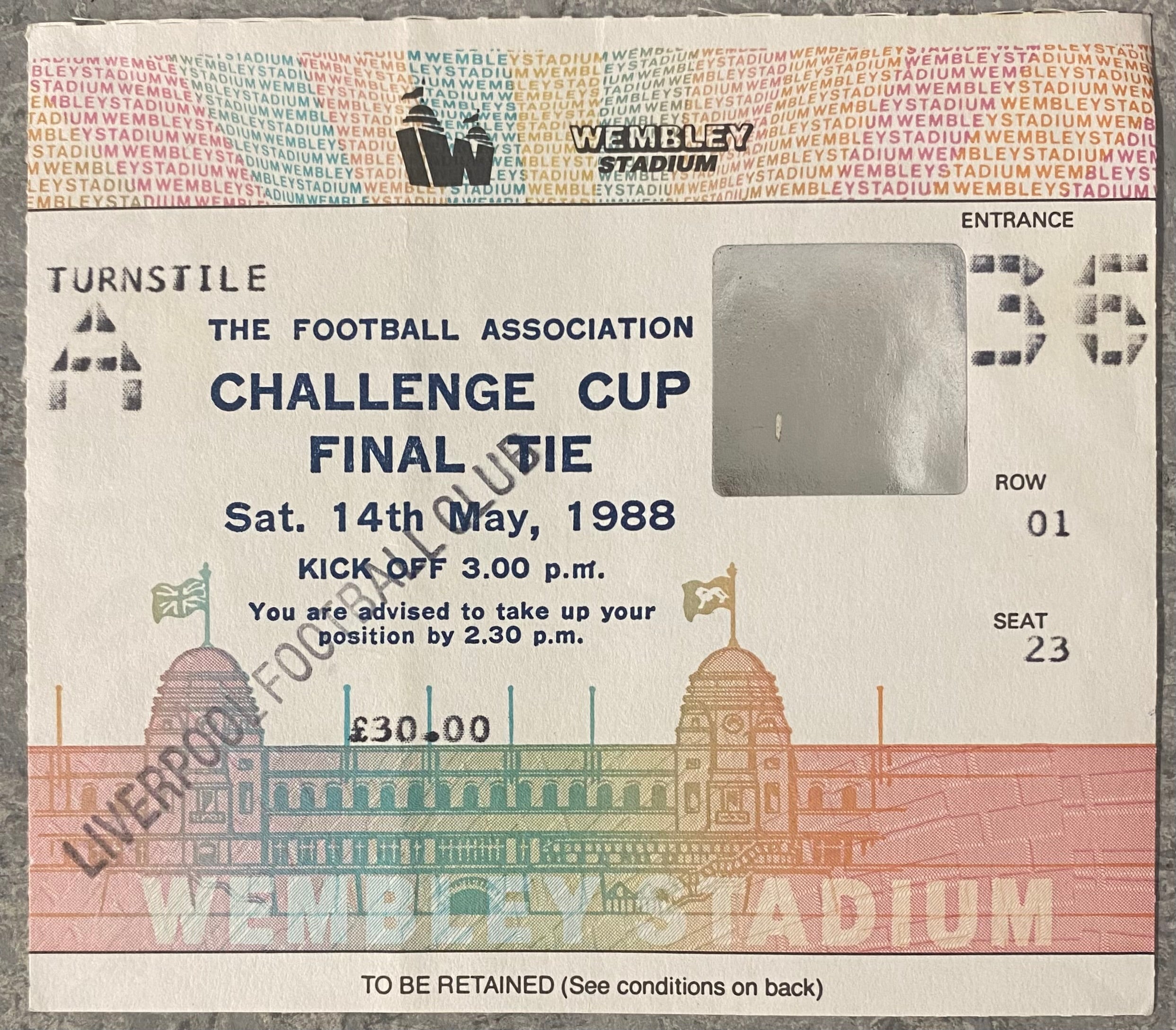 1988 ORIGINAL FA CUP FINAL TICKET WIMBLEDON V LIVERPOOL