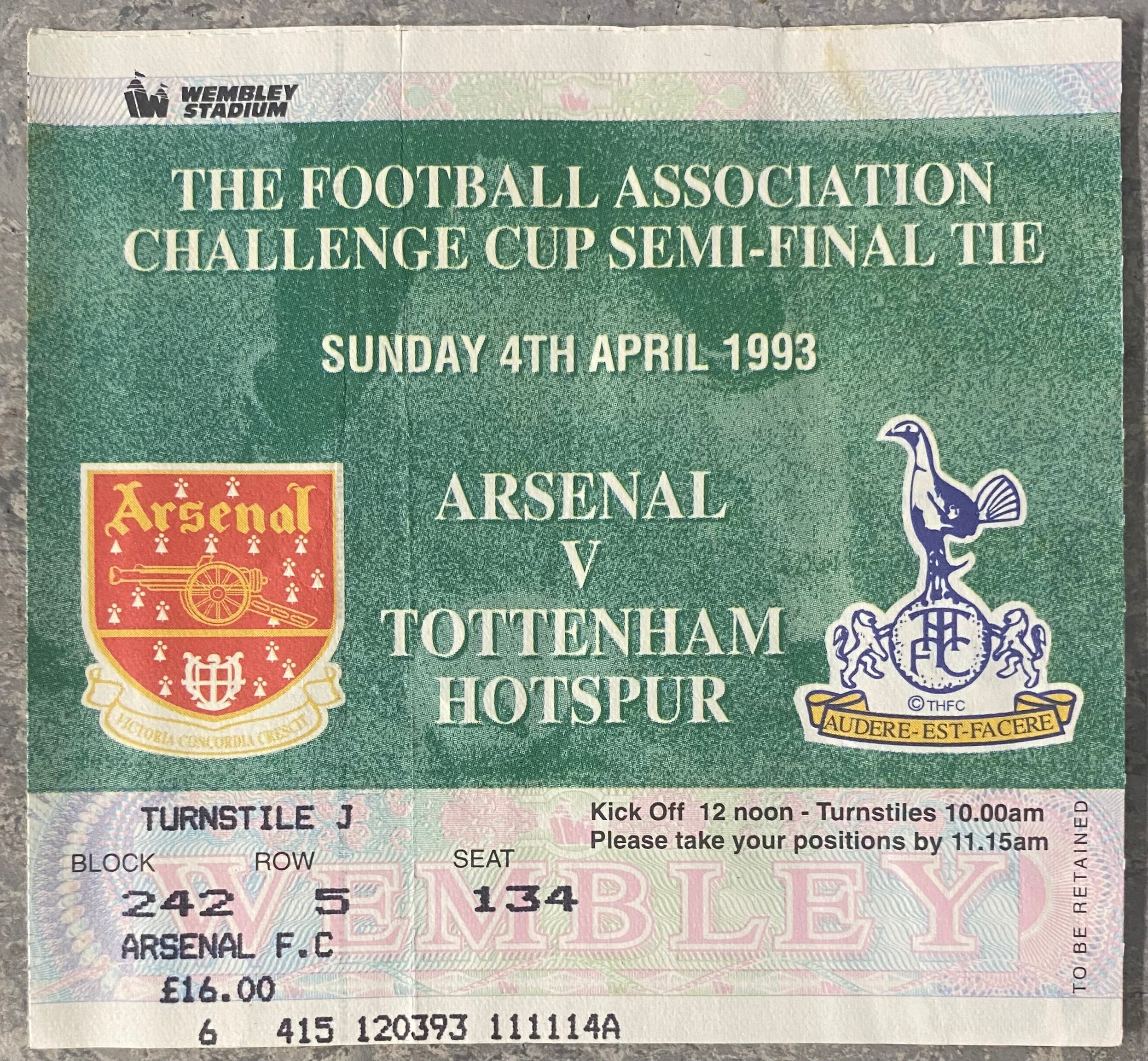 1993 ORIGINAL FA CUP SEMI FINAL TICKET ARSENAL V TOTTENHAM HOTSPUR @ WEMBLEY